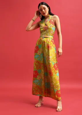 Green Floral Printed Jumpsuit With Zari Work