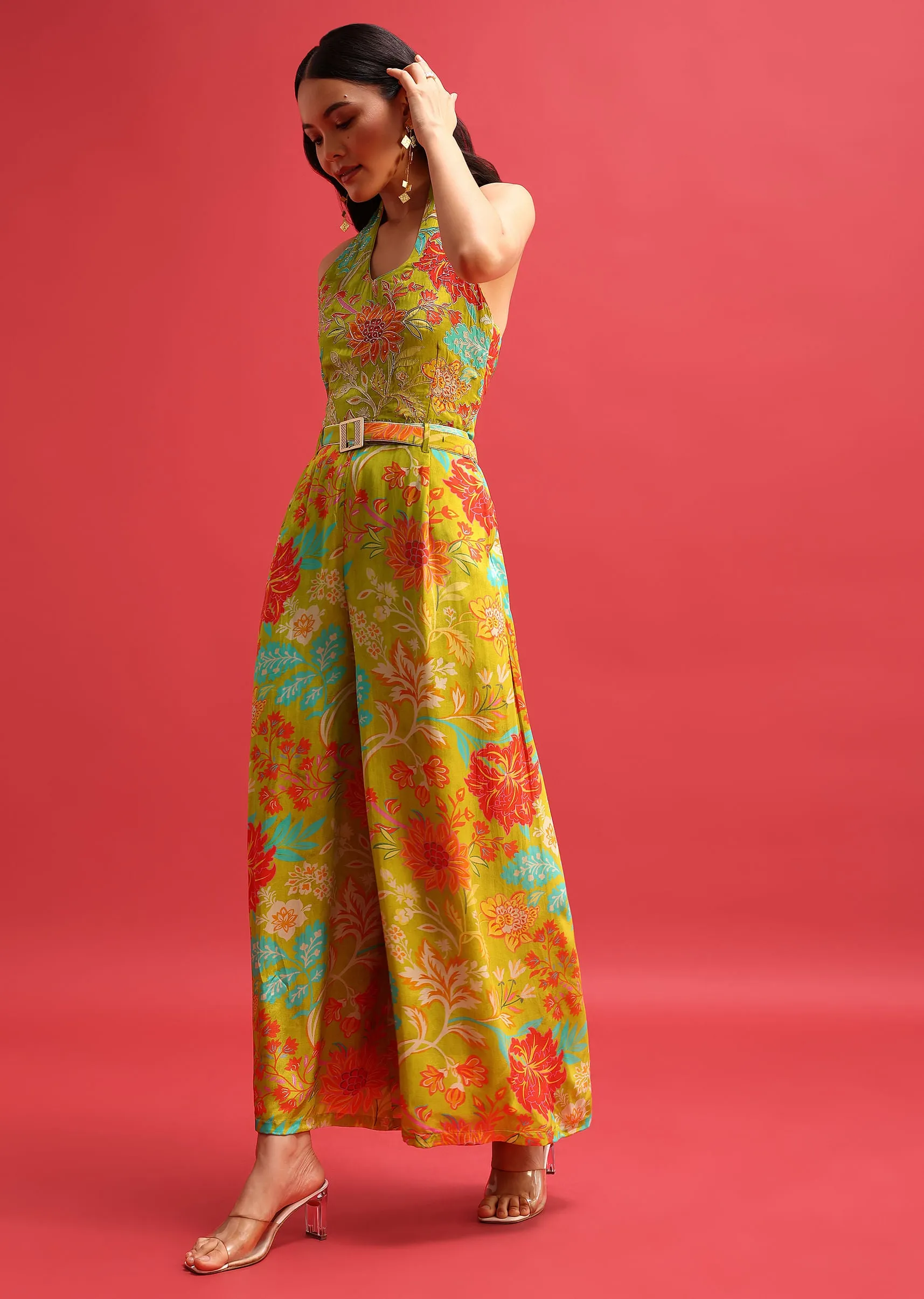 Green Floral Printed Jumpsuit With Zari Work