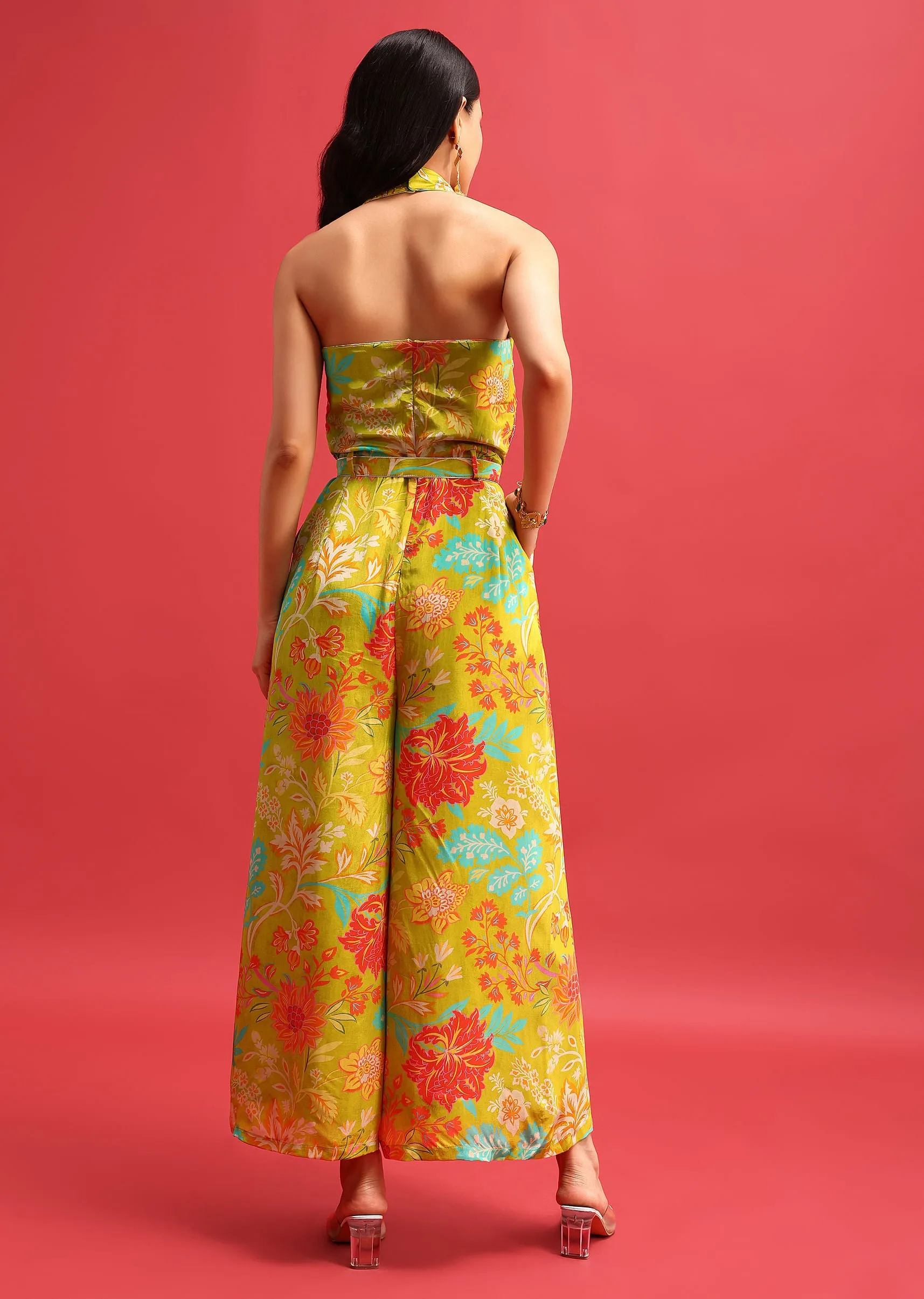 Green Floral Printed Jumpsuit With Zari Work