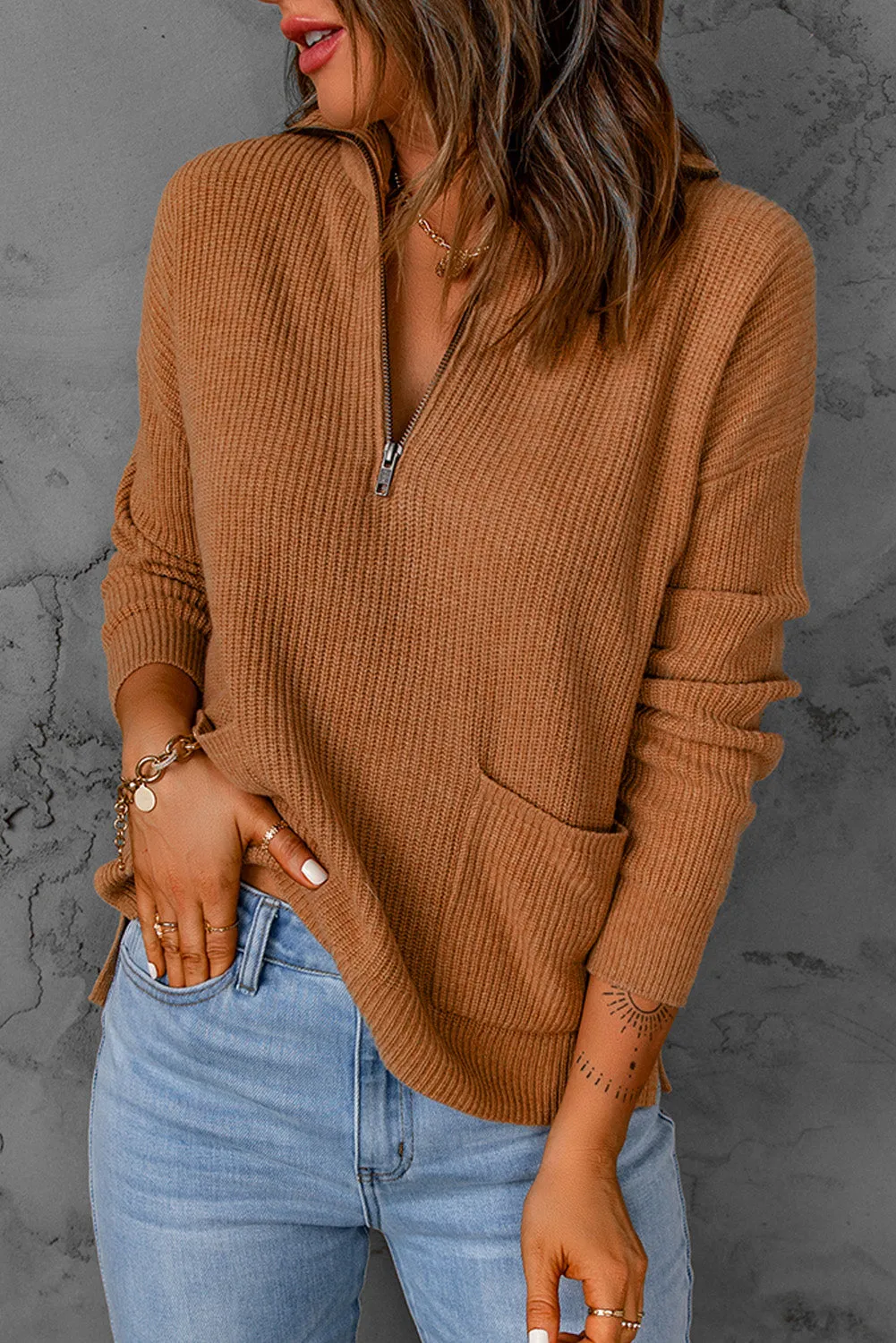 Half Zip Ribbed Knit Pocketed Sweater