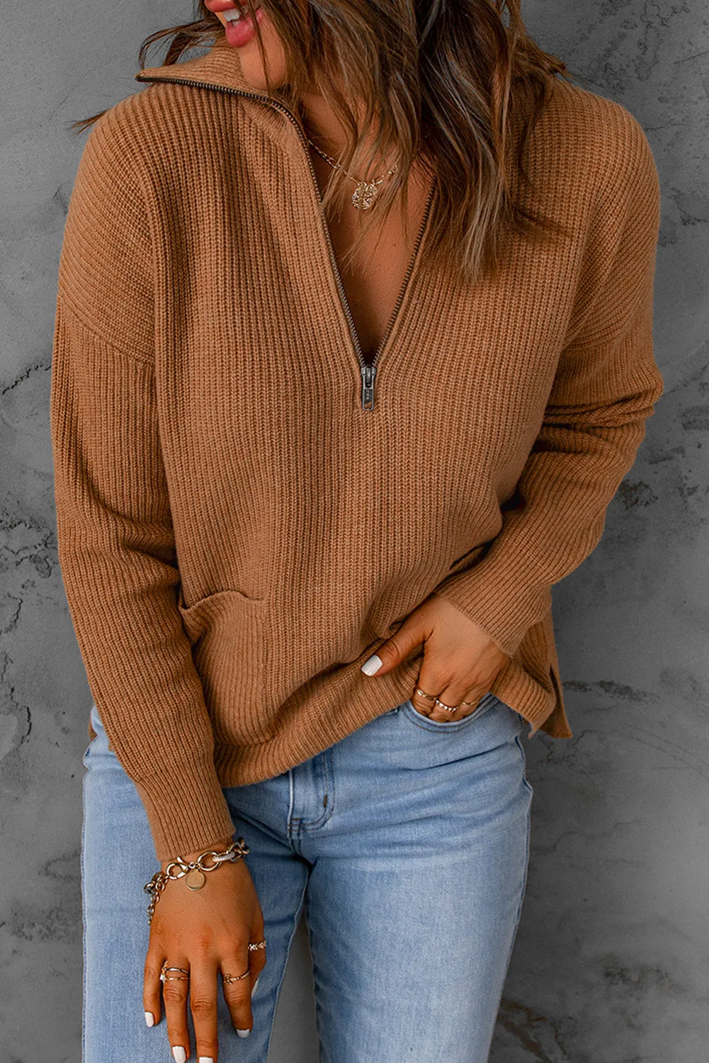Half Zip Ribbed Knit Pocketed Sweater