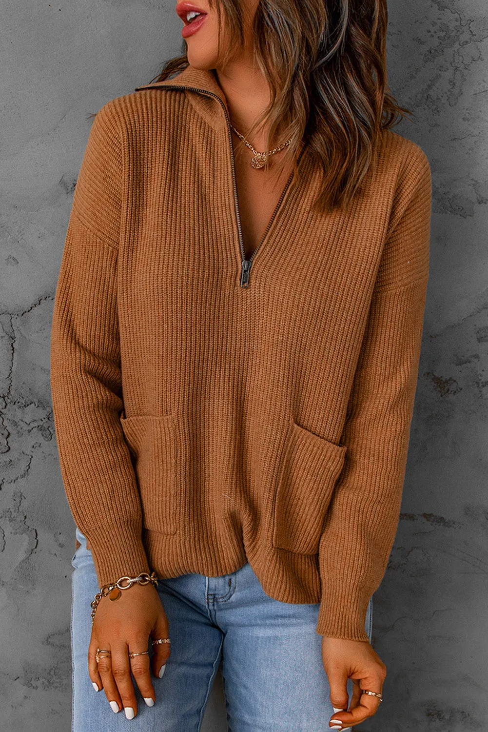 Half Zip Ribbed Knit Pocketed Sweater