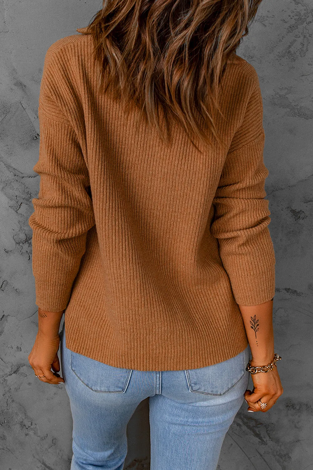Half Zip Ribbed Knit Pocketed Sweater