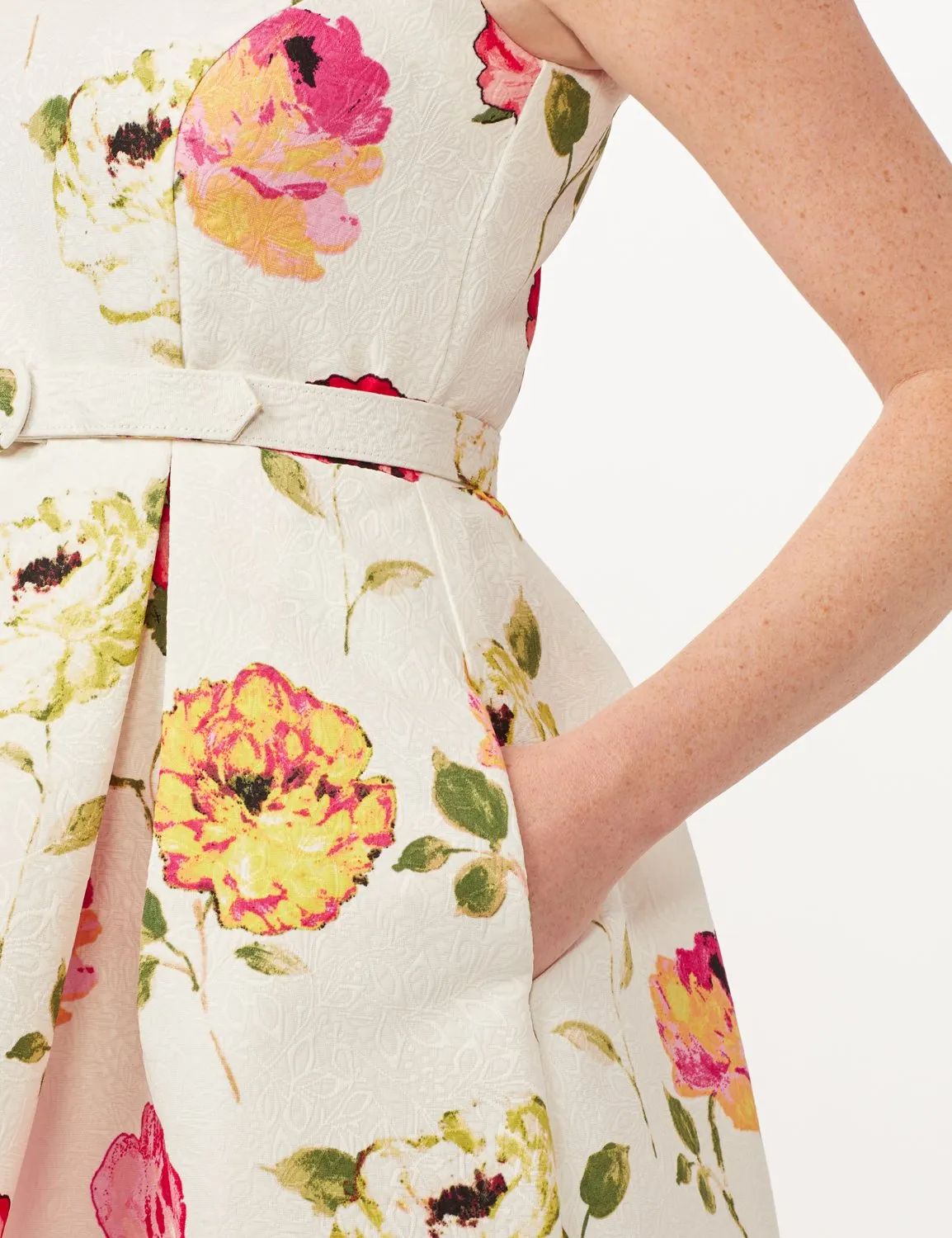 Jacquard Box Pleat Belted Dress with Pockets