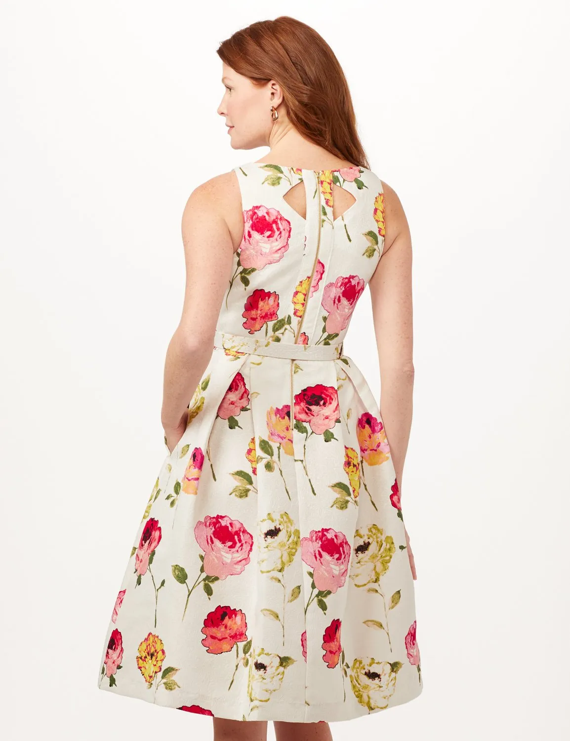 Jacquard Box Pleat Belted Dress with Pockets