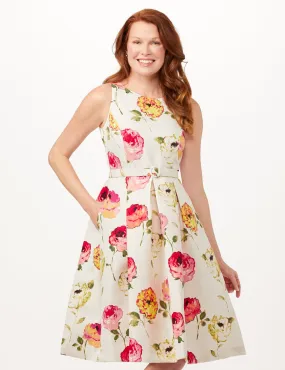 Jacquard Box Pleat Belted Dress with Pockets