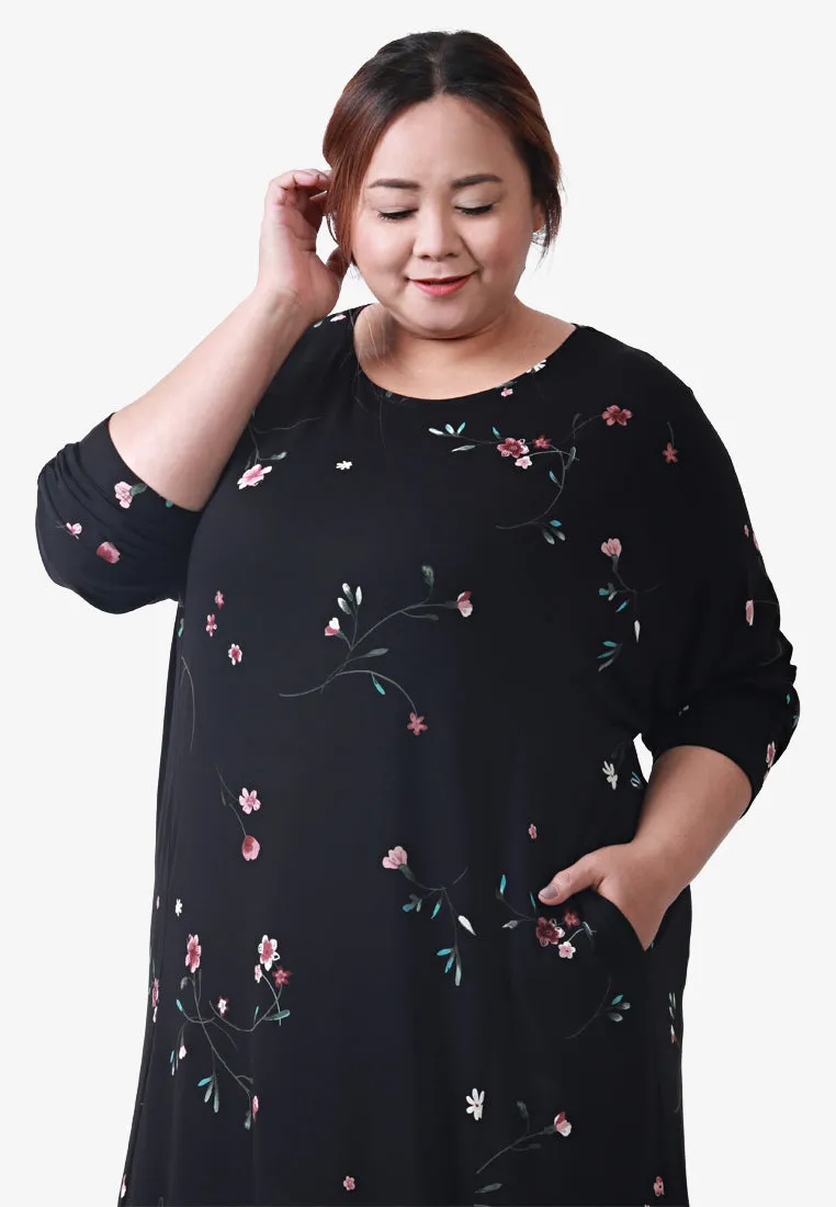 Juana Printed Soft Lounge Dress - Black Small Floral