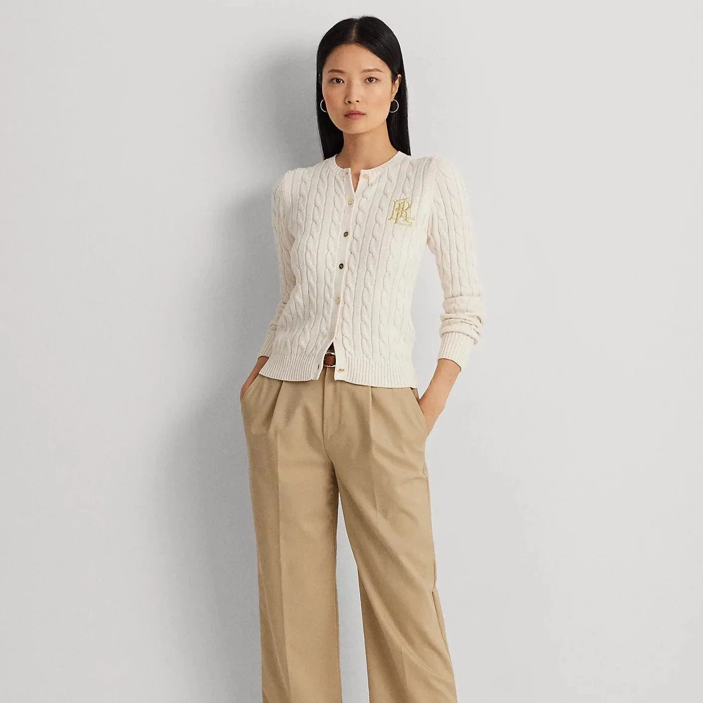 Lauren Ralph Lauren Cable-Knit Cotton Cardigan in Cream