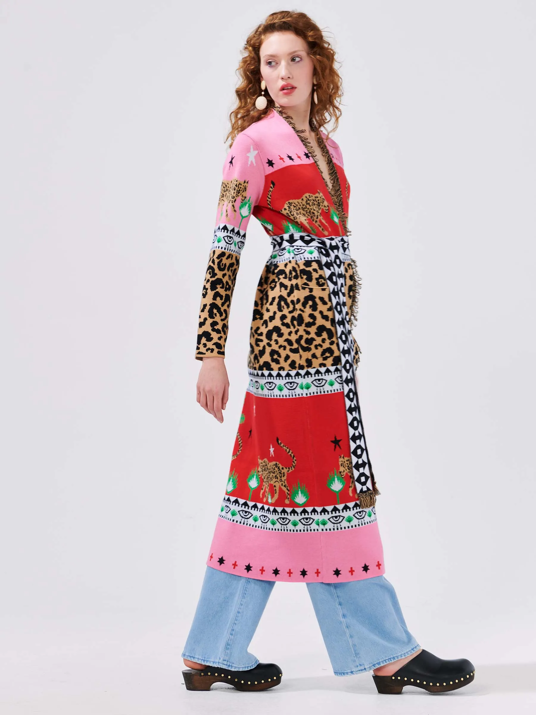 Leopardess Cotton Jacquard Duster Red/Pink