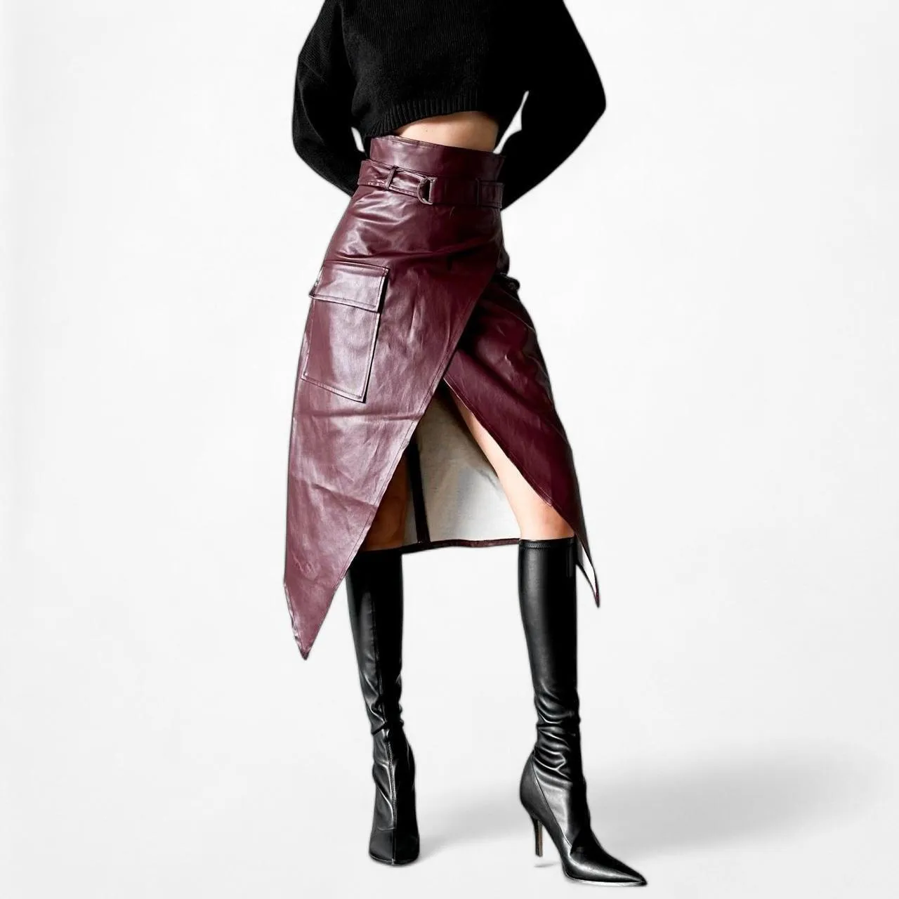 Missguided Burgundy Red Faux Leather Belted Knee Length A-Line Skirt Size 0/XS