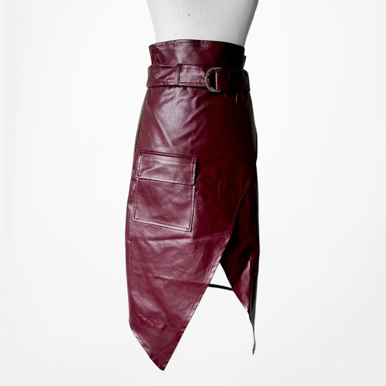 Missguided Burgundy Red Faux Leather Belted Knee Length A-Line Skirt Size 0/XS