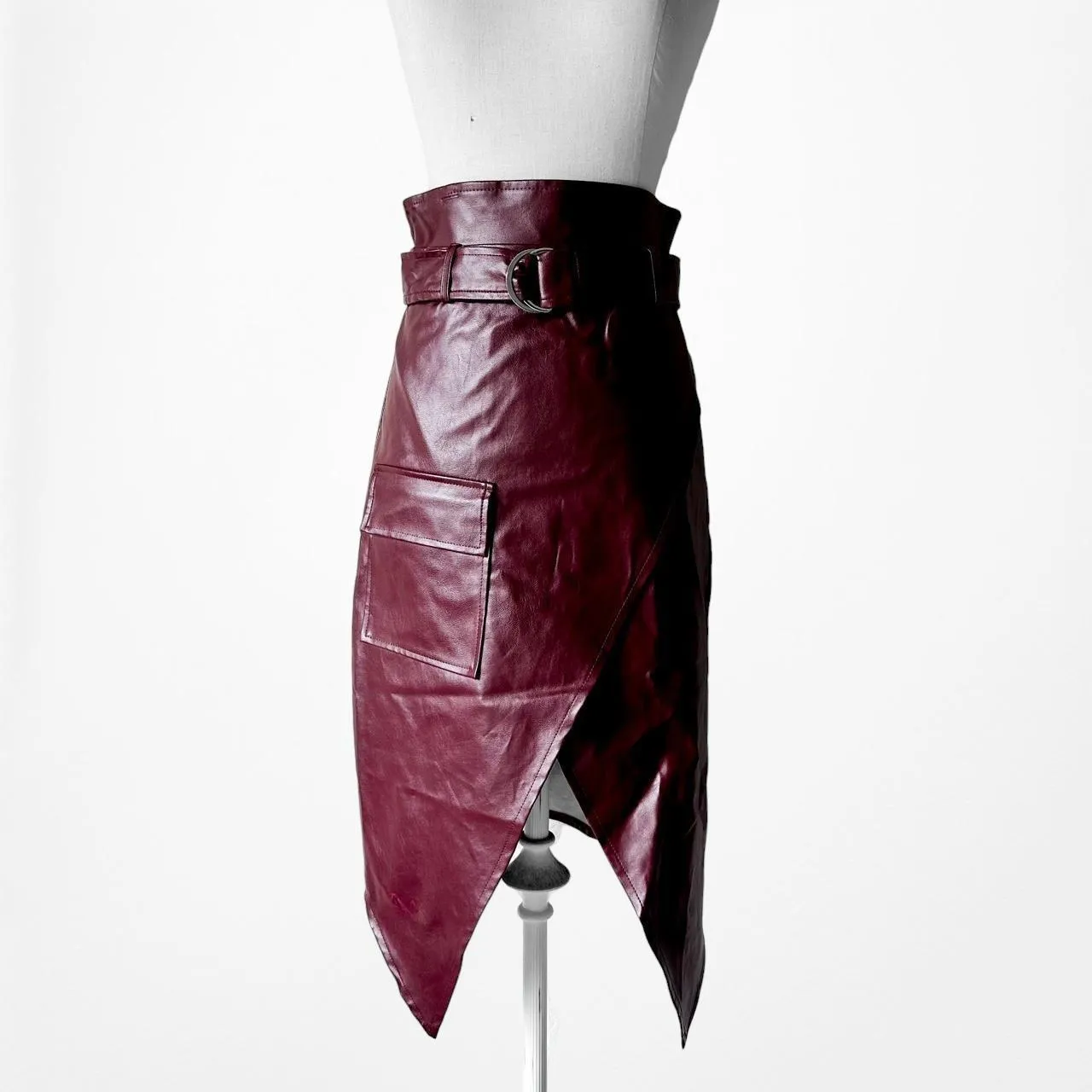 Missguided Burgundy Red Faux Leather Belted Knee Length A-Line Skirt Size 0/XS