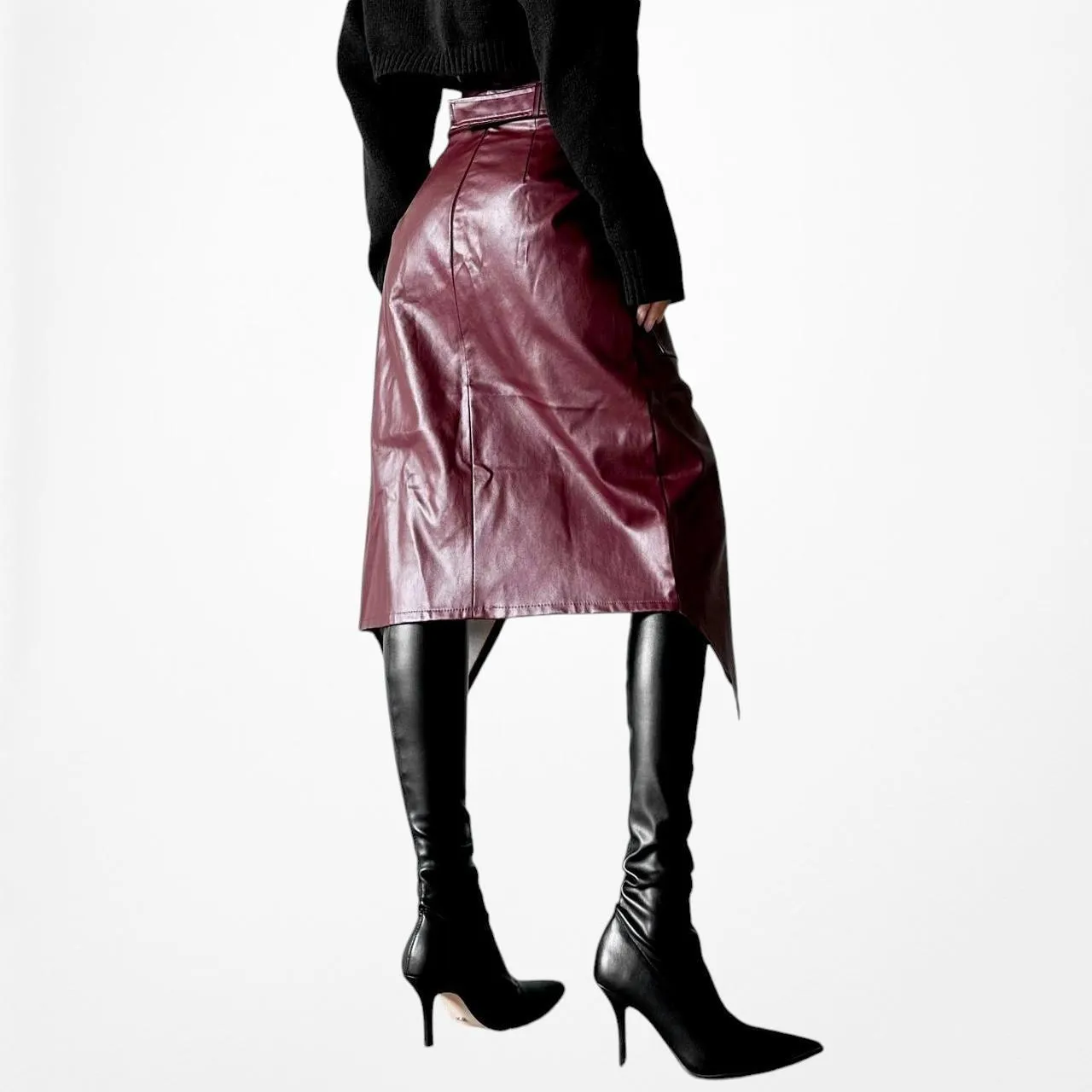 Missguided Burgundy Red Faux Leather Belted Knee Length A-Line Skirt Size 0/XS