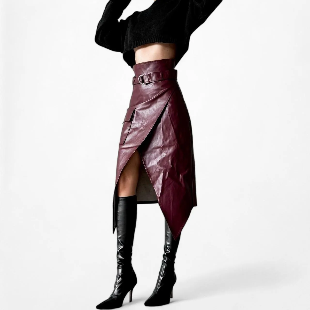 Missguided Burgundy Red Faux Leather Belted Knee Length A-Line Skirt Size 0/XS