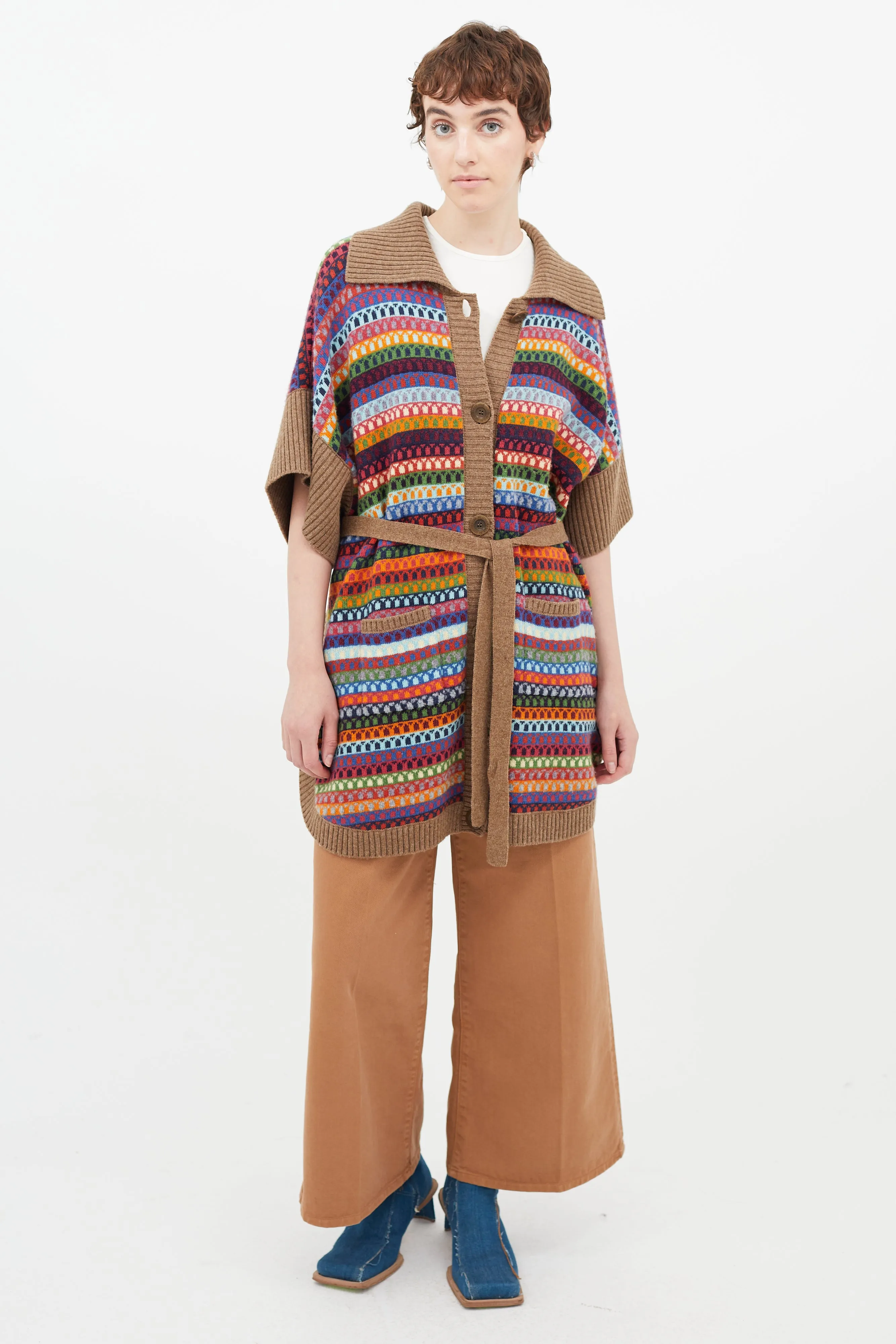 Multicolour Print Belted Cardigan