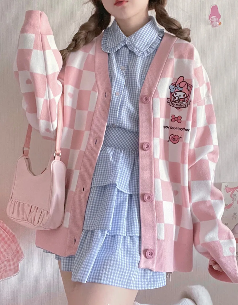 My Melody Pink Checkered Cardigan Sweater