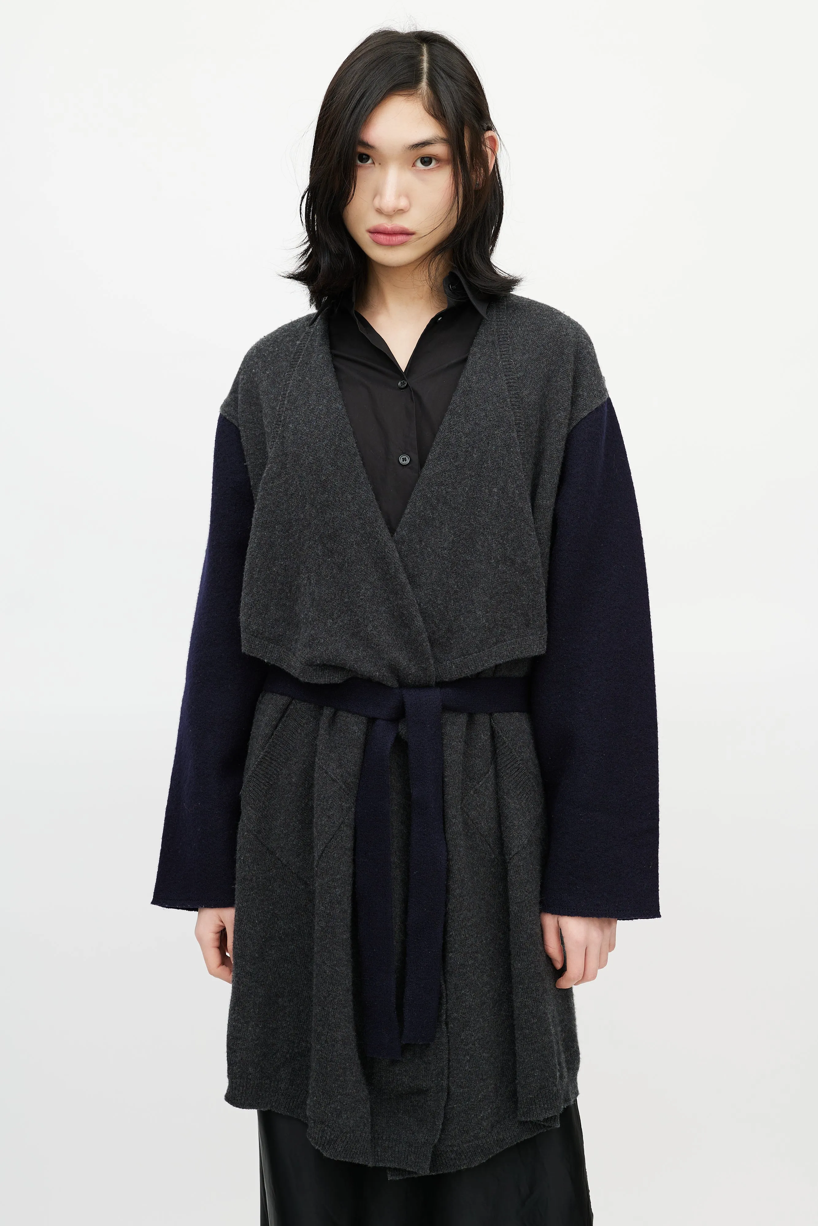 Navy & Grey Wool Belted Cardigan