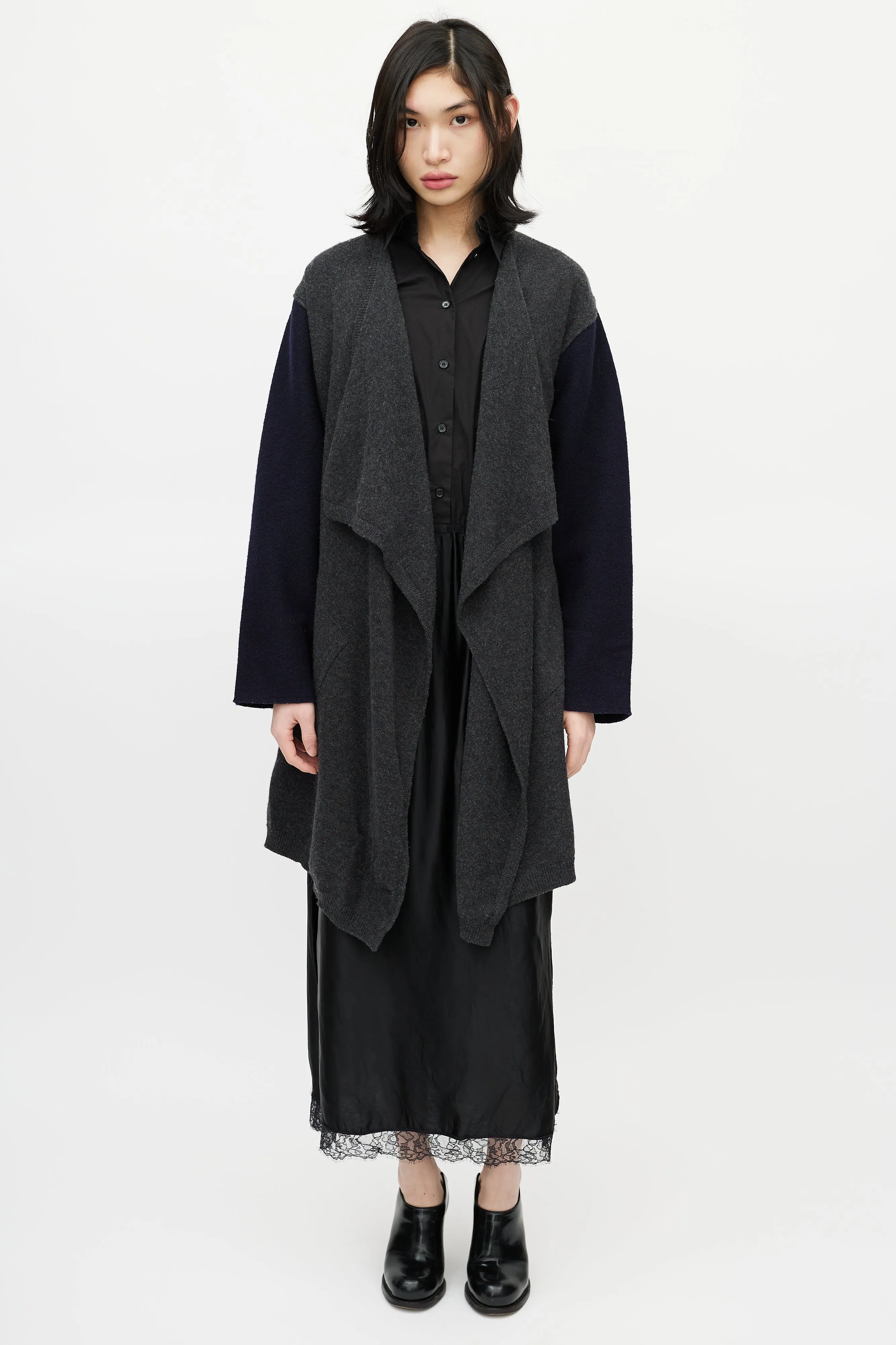 Navy & Grey Wool Belted Cardigan