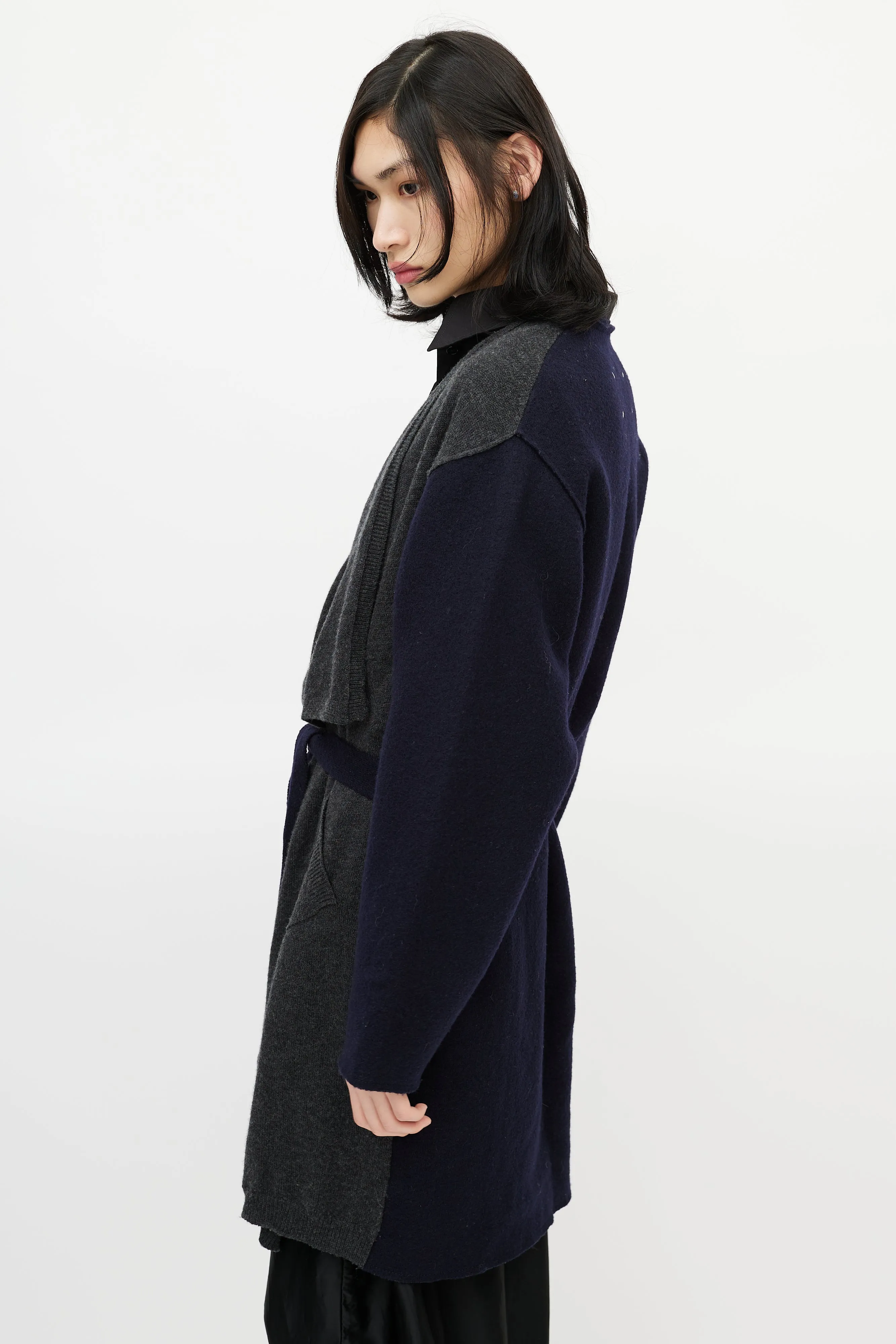 Navy & Grey Wool Belted Cardigan