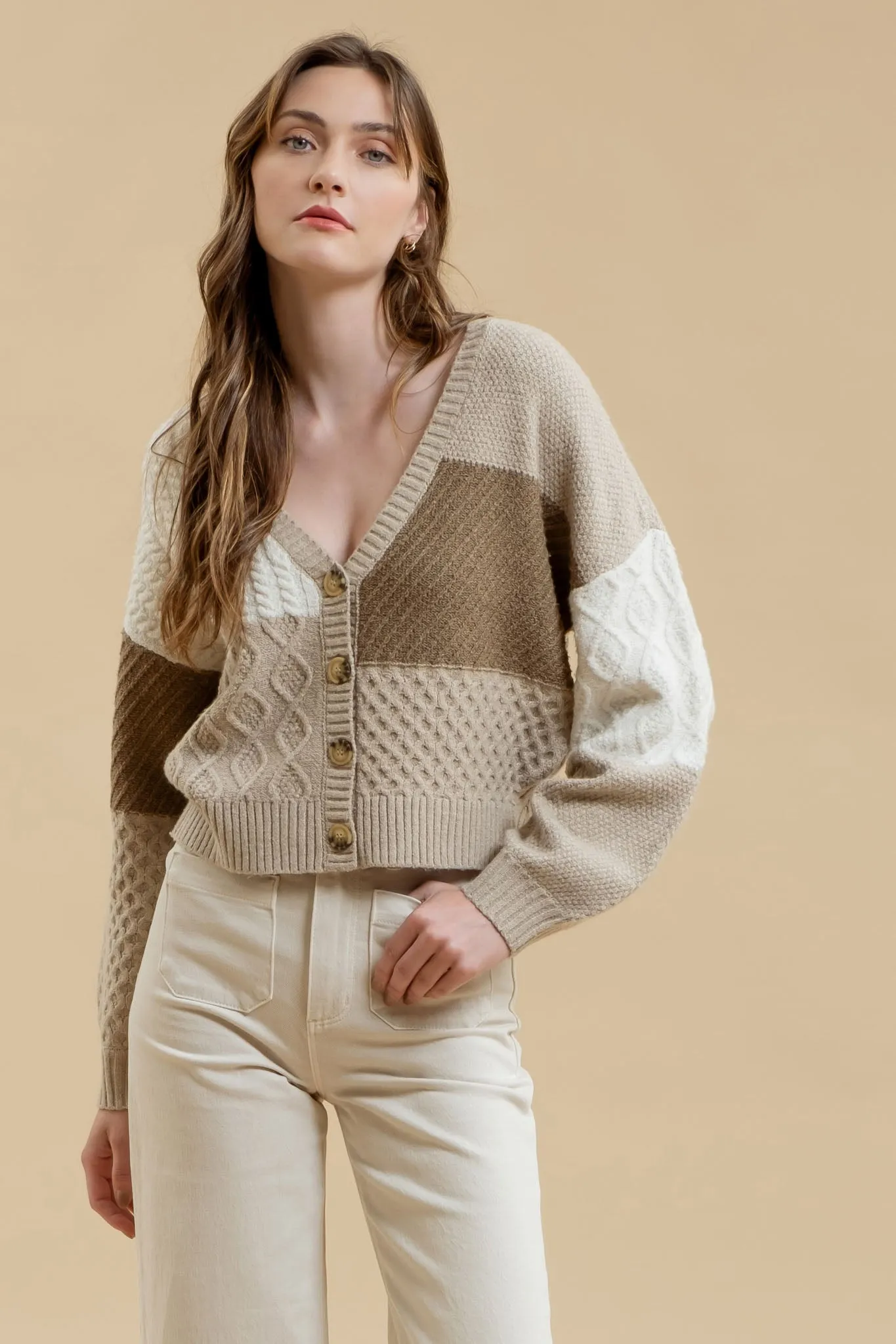 PATCHWORK CABLE KNIT CARDIGAN