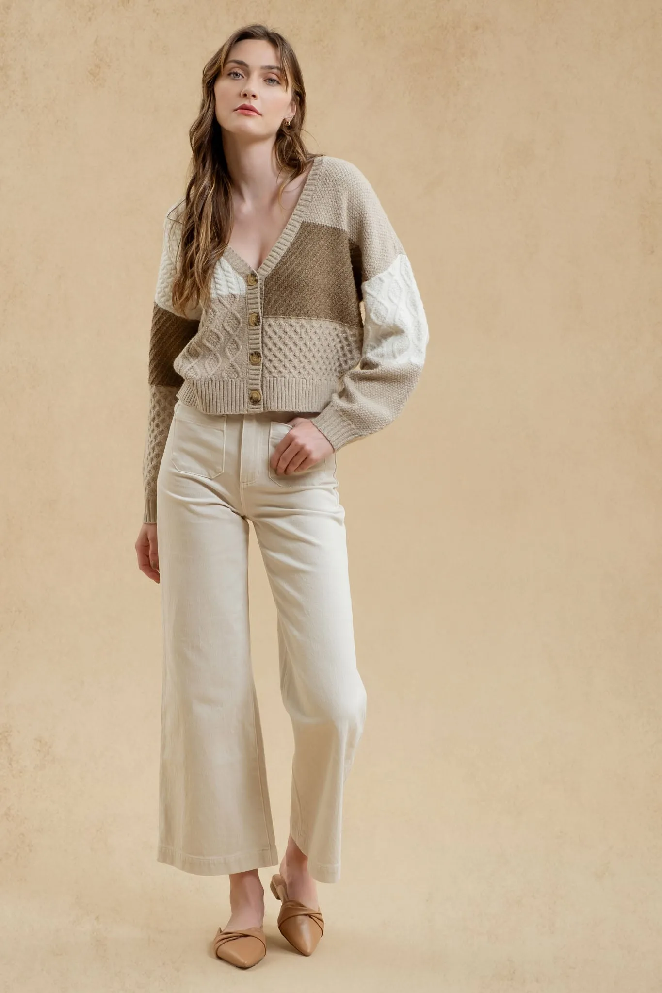 PATCHWORK CABLE KNIT CARDIGAN
