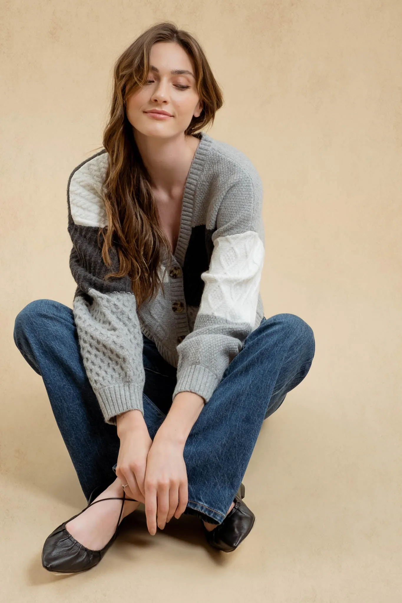 PATCHWORK CABLE KNIT CARDIGAN