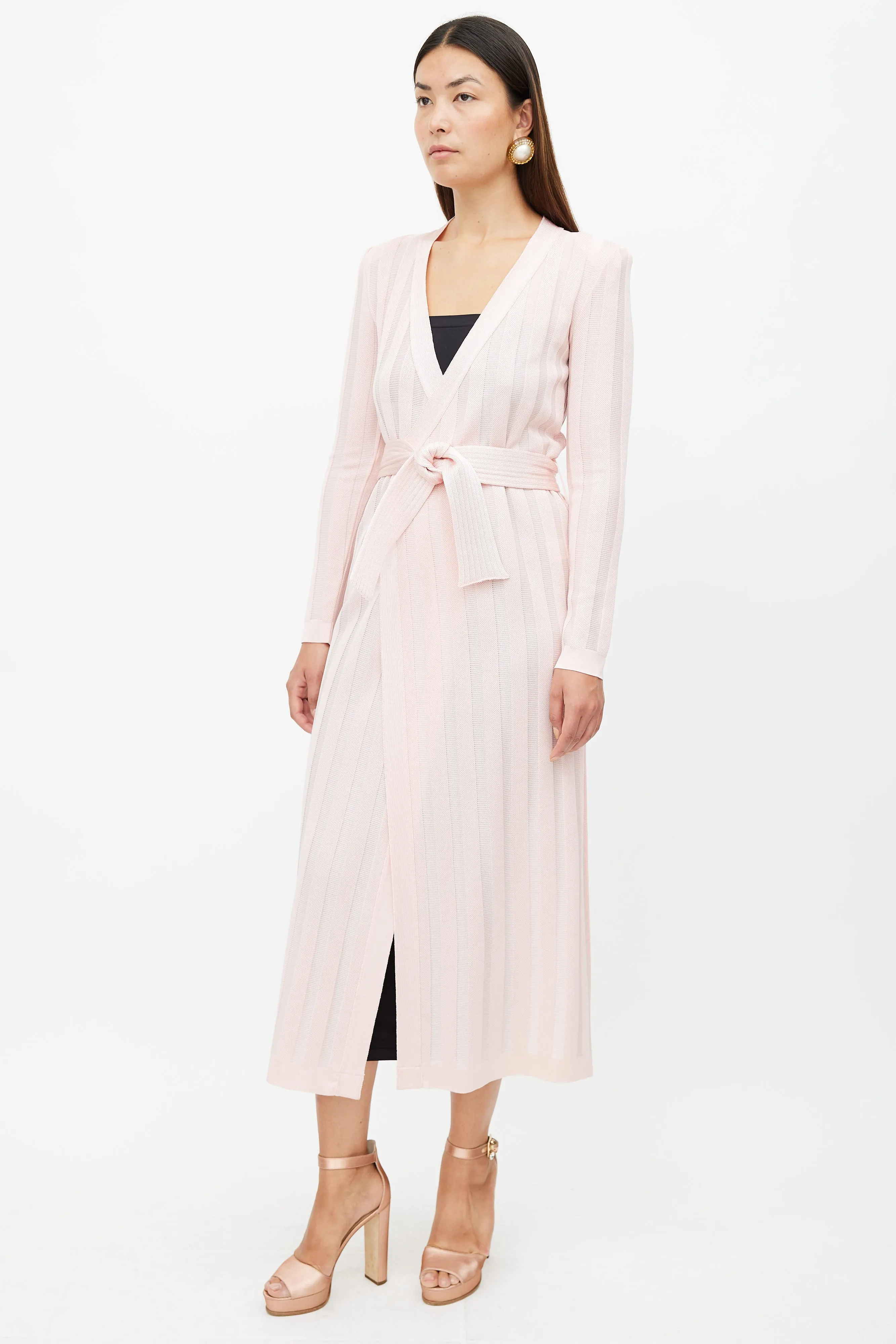 Pink Ribbed Long Belted Cardigan