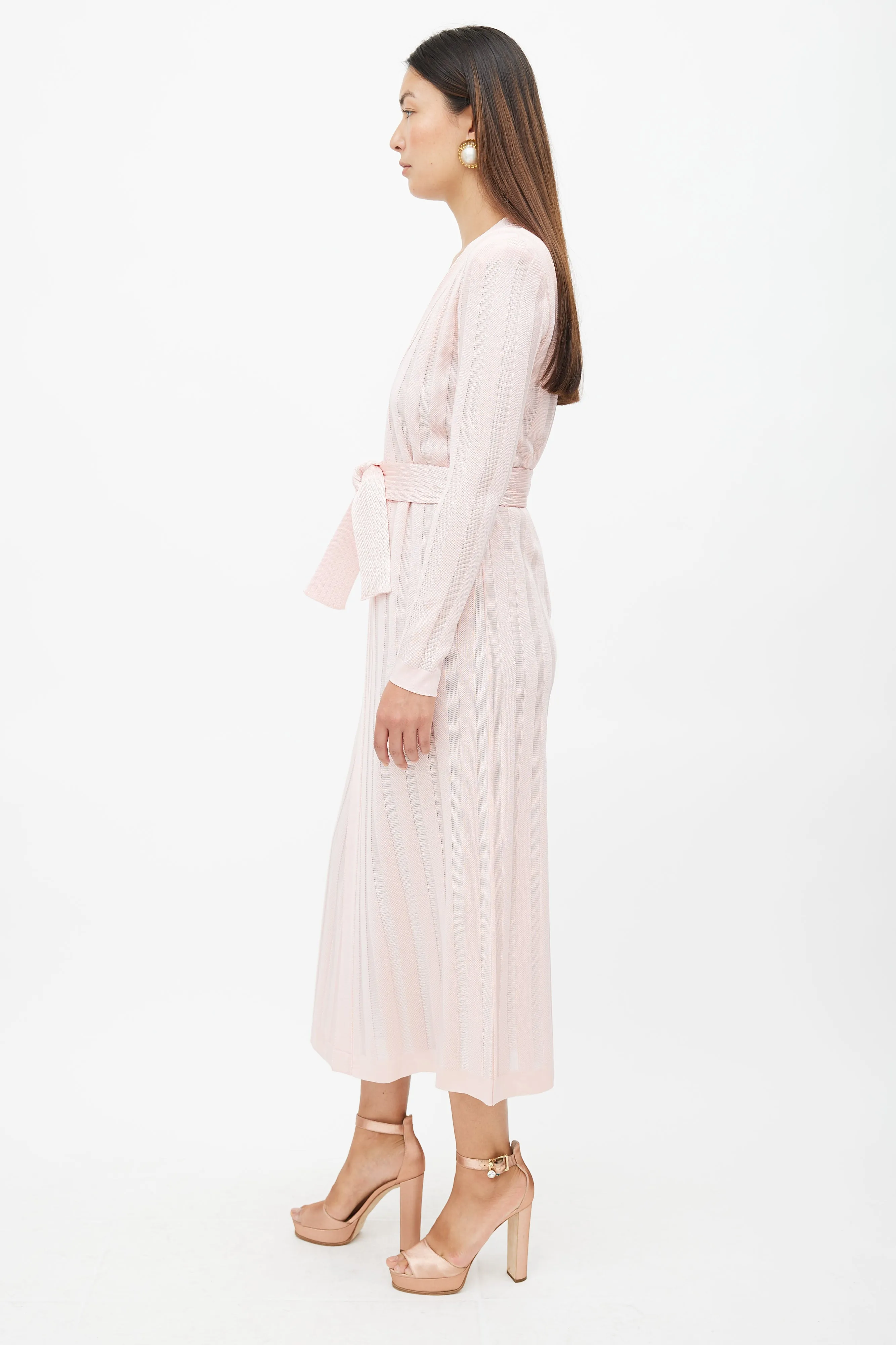 Pink Ribbed Long Belted Cardigan