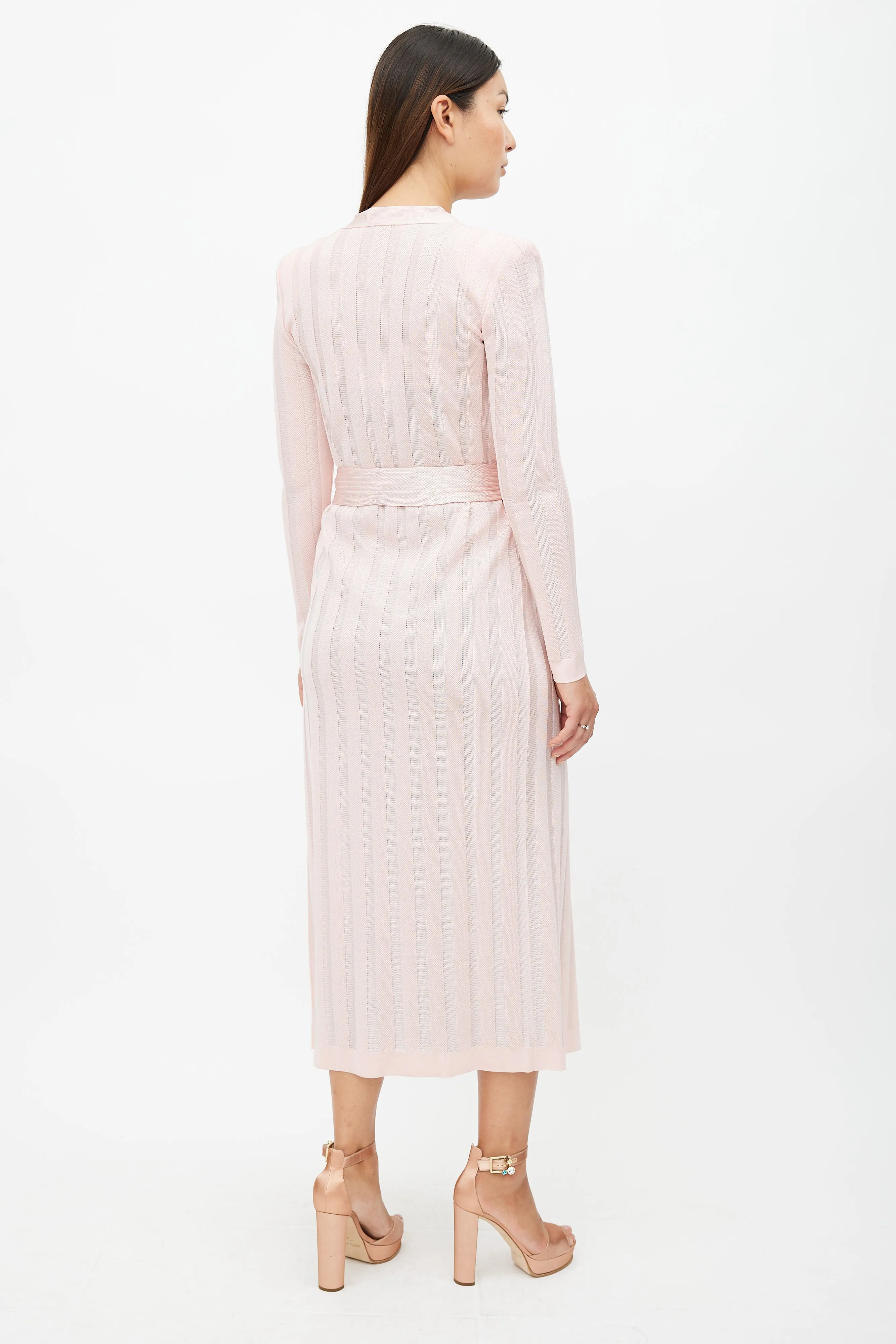 Pink Ribbed Long Belted Cardigan