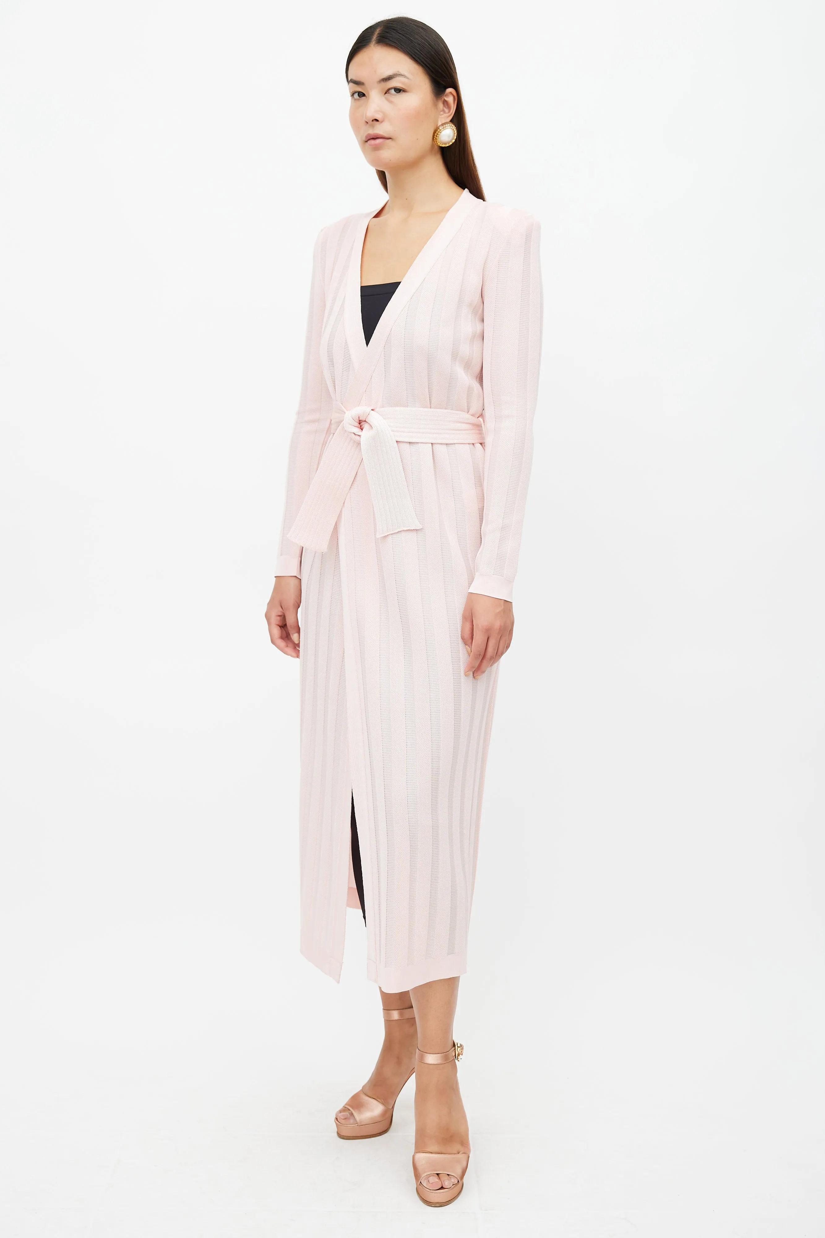 Pink Ribbed Long Belted Cardigan