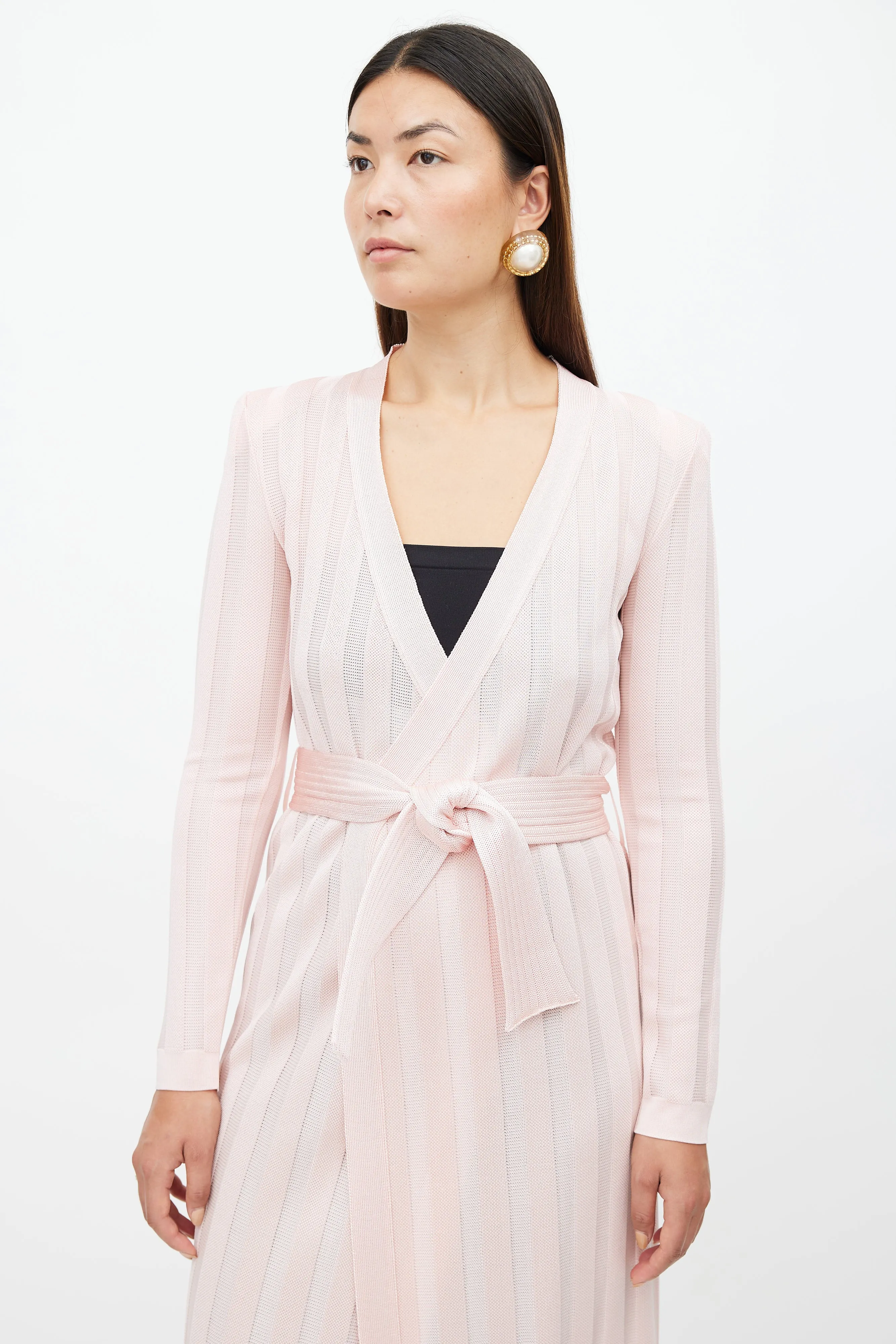 Pink Ribbed Long Belted Cardigan