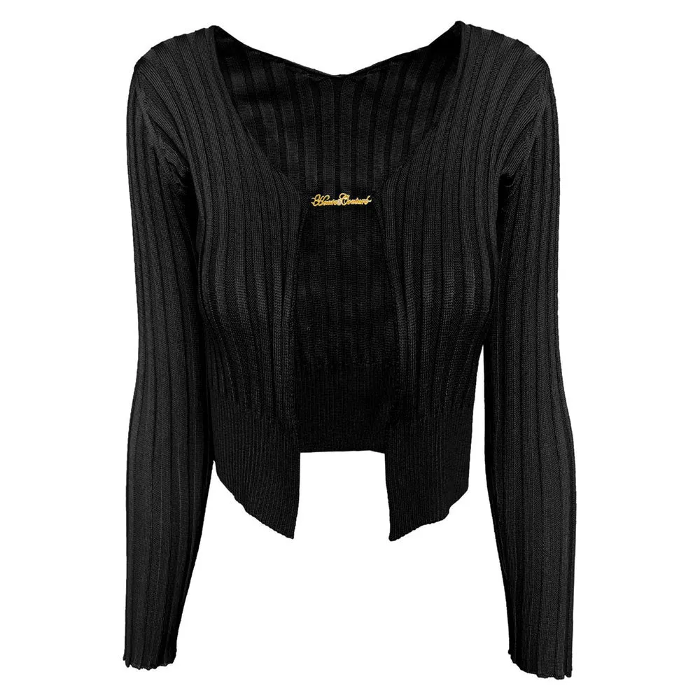 Sexy Metal Detail V Neck Long Sleeve Rib Knit Cardigan