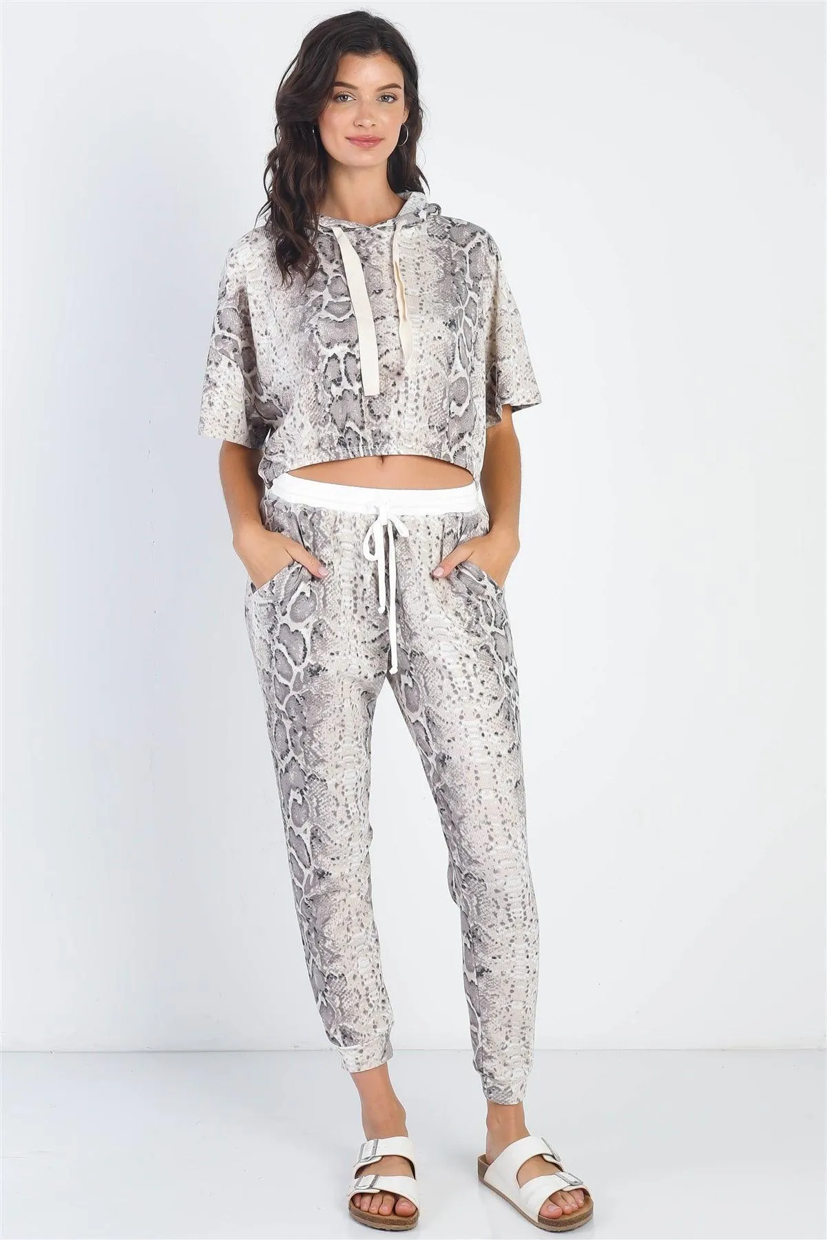 Taupe Waffle Knit Snake Print Hooded Crop Top & Jogger Pant Set /1-1-1