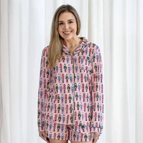 The Royal Standard - Med - Nutcracker March Long Sleeve Button Up Sleep Shirt   Light Pink/Multi