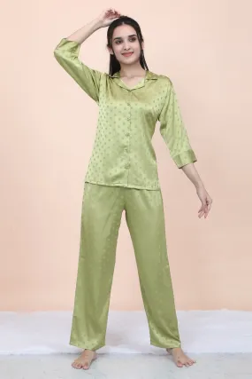 Velure Casual Green Polka Dot Satin Night Suit