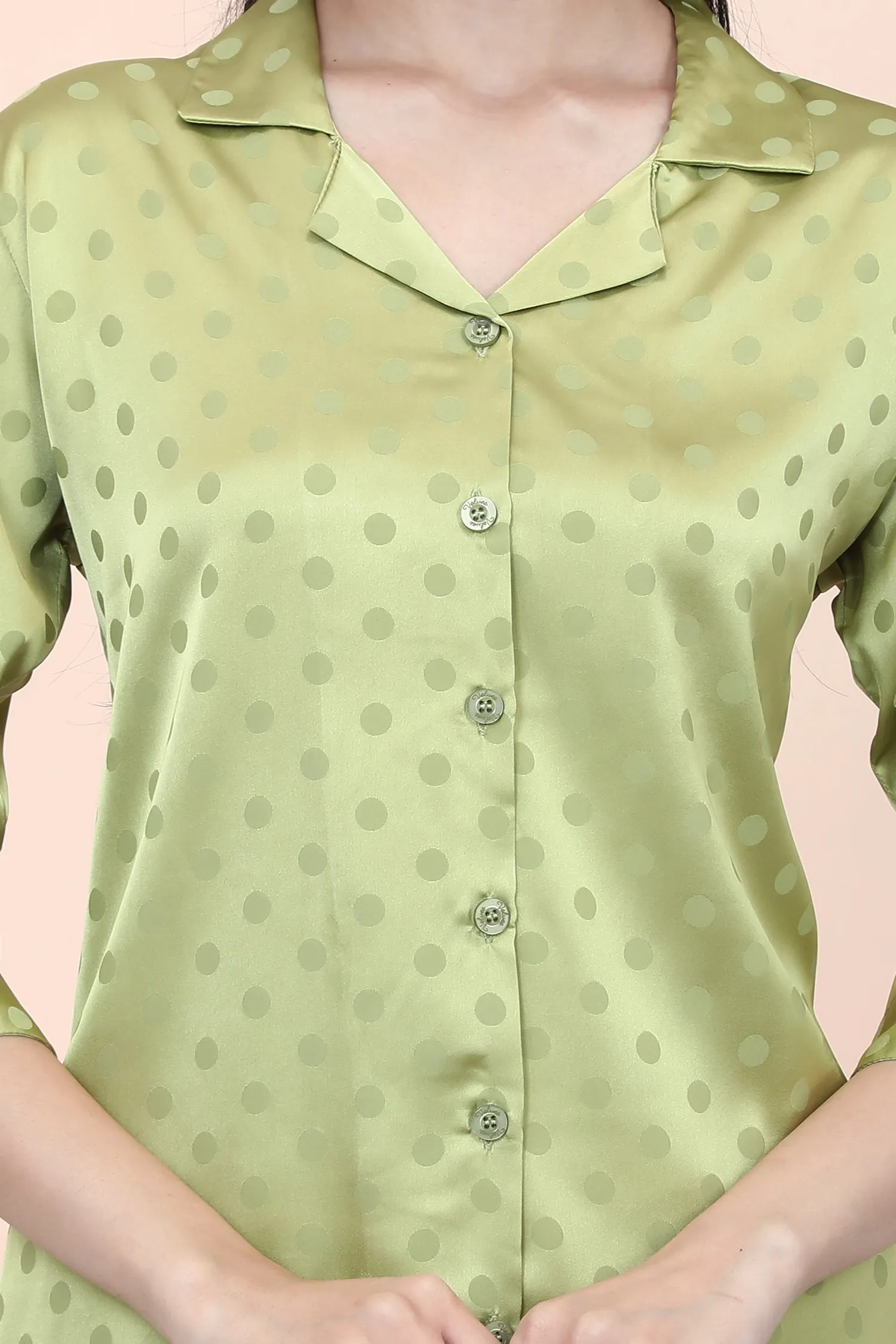 Velure Casual Green Polka Dot Satin Night Suit
