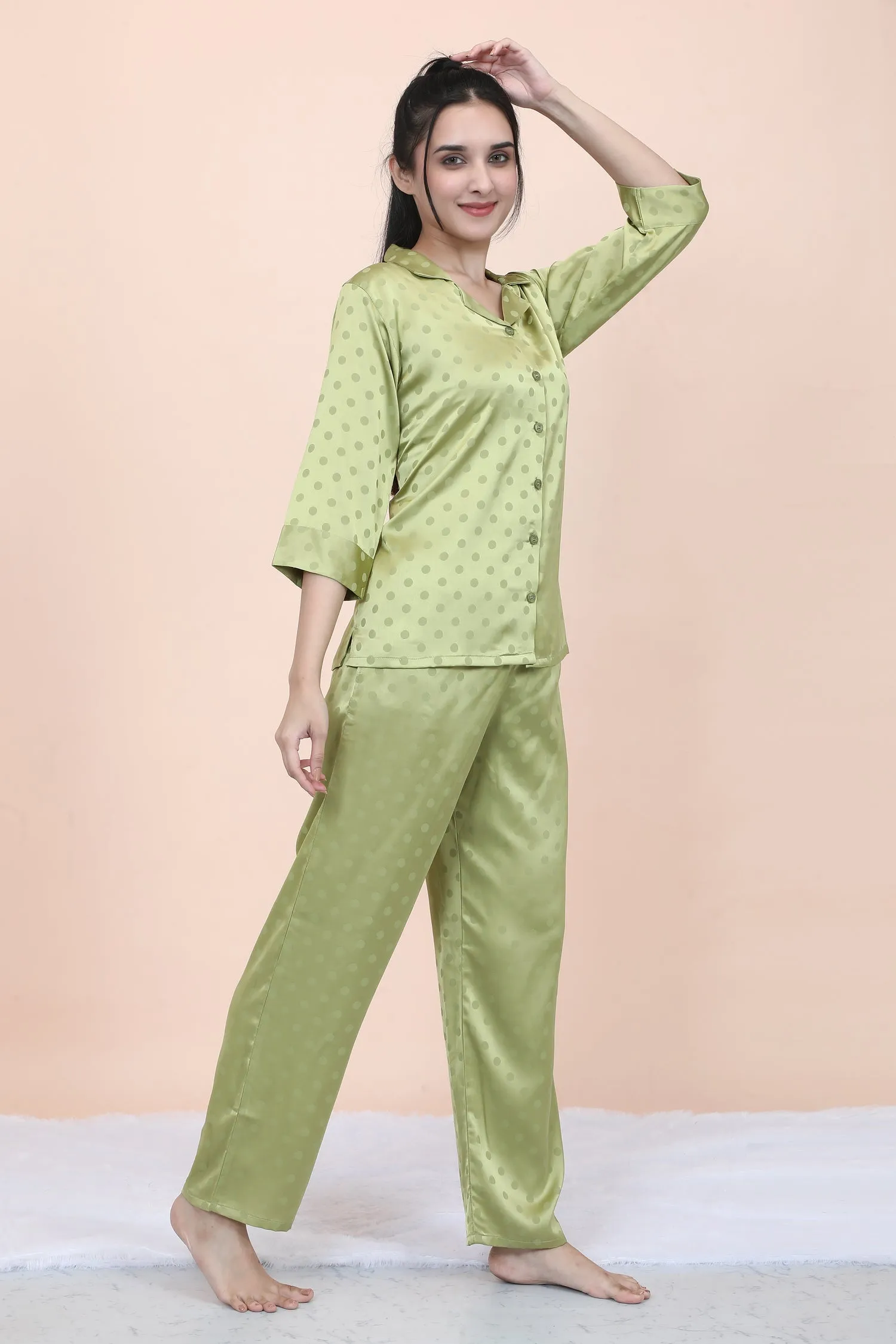 Velure Casual Green Polka Dot Satin Night Suit
