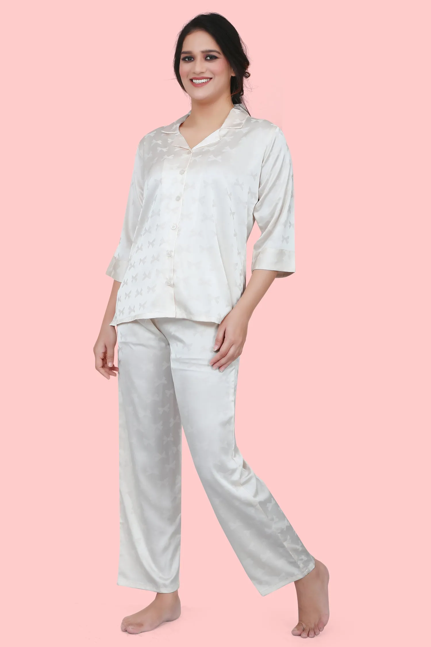 Velure Classic Ribbon Print Satin Night Suit
