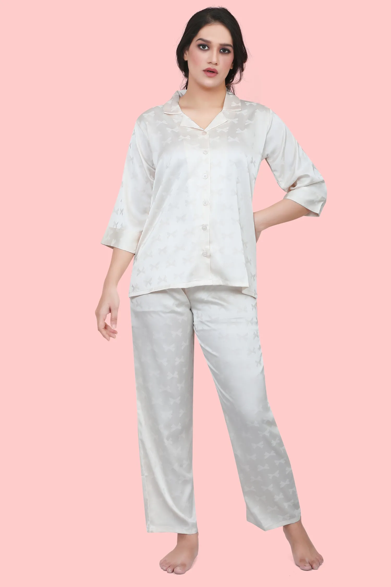 Velure Classic Ribbon Print Satin Night Suit