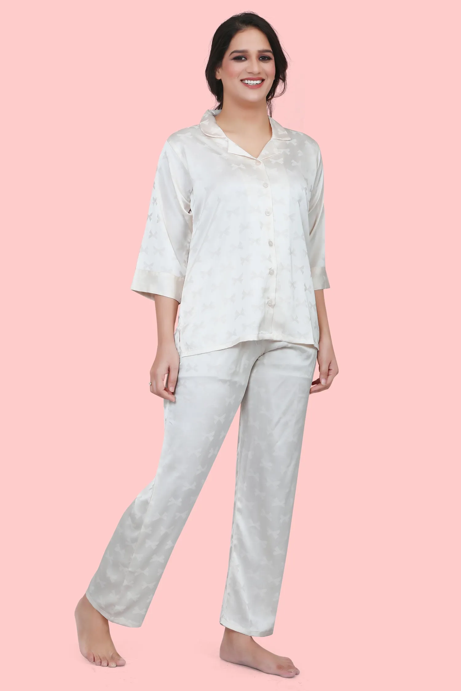 Velure Classic Ribbon Print Satin Night Suit