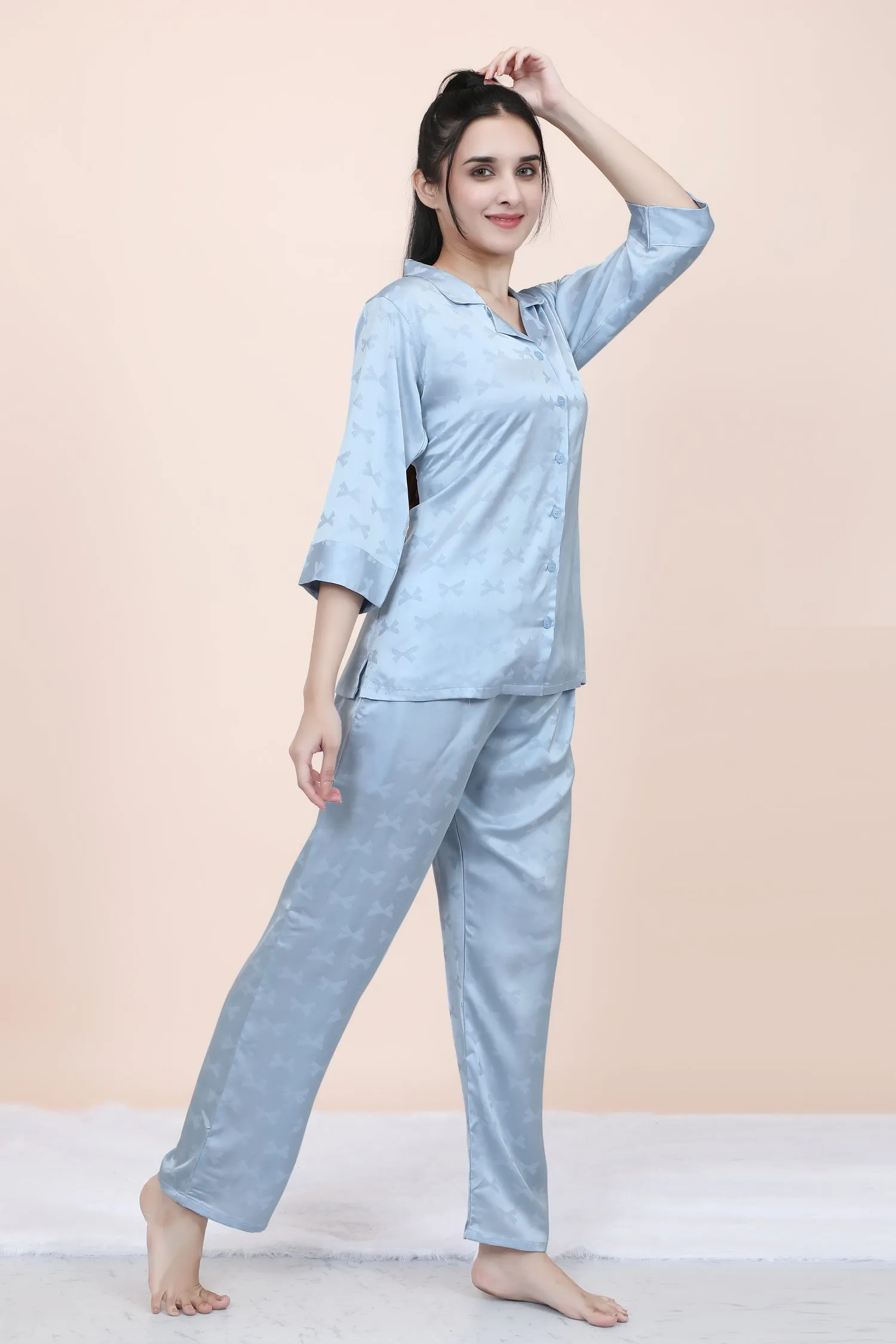 Velure Ethnic Bow Print Satin Night Suit