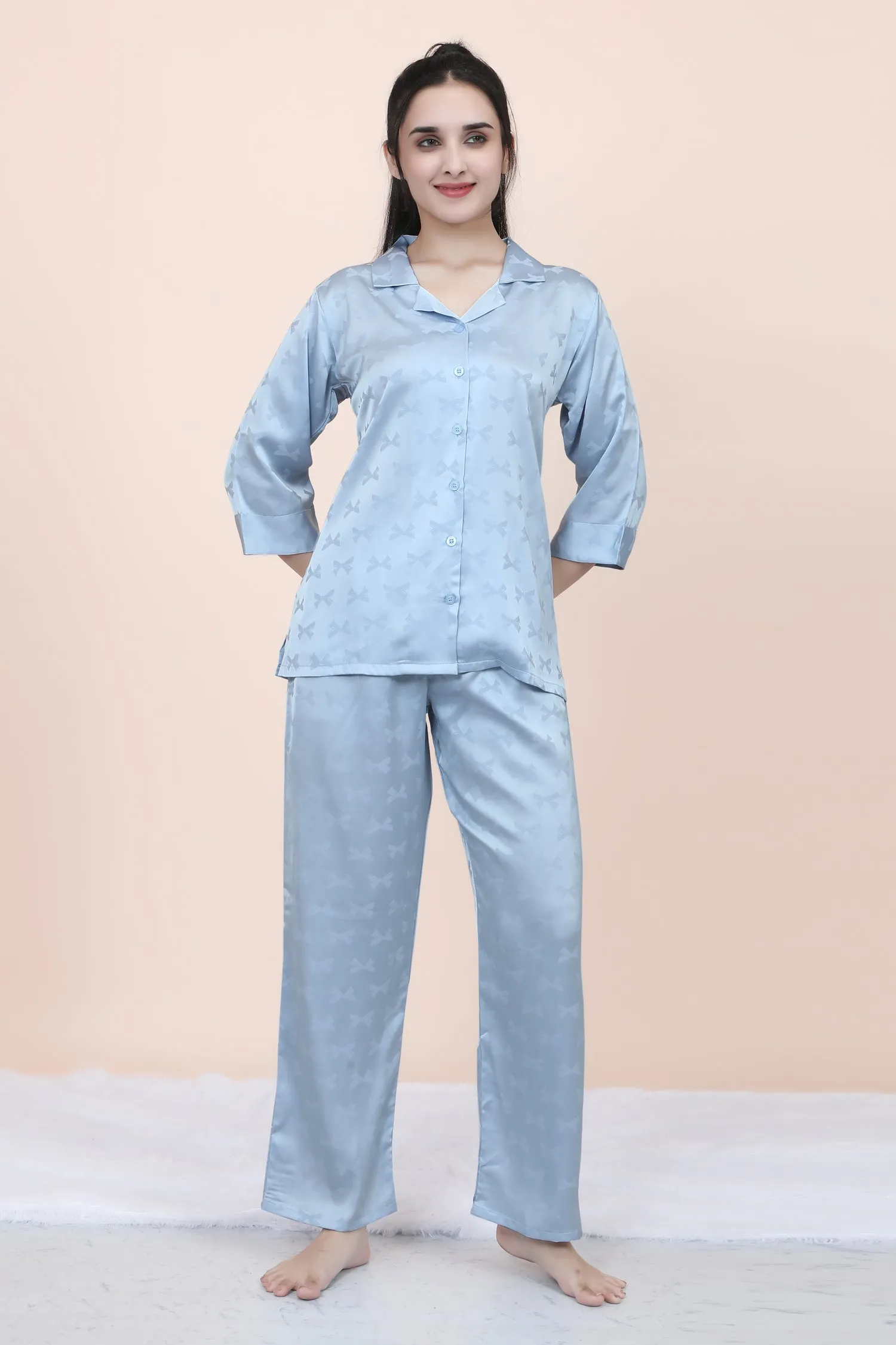 Velure Ethnic Bow Print Satin Night Suit