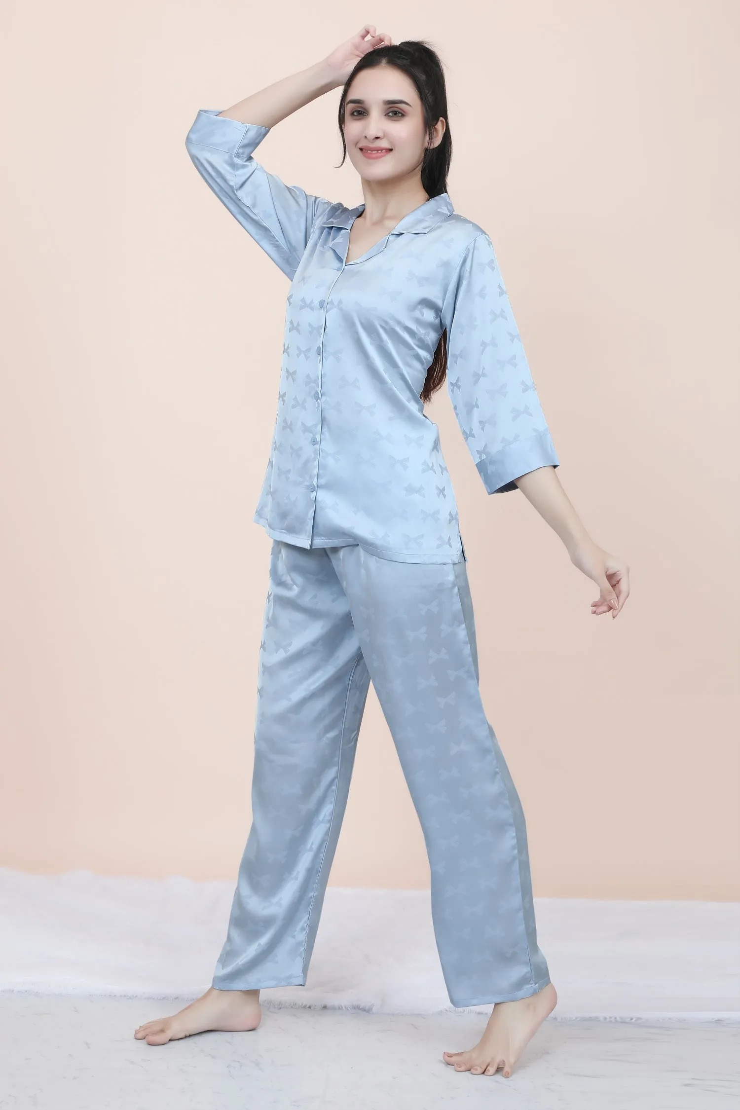 Velure Ethnic Bow Print Satin Night Suit