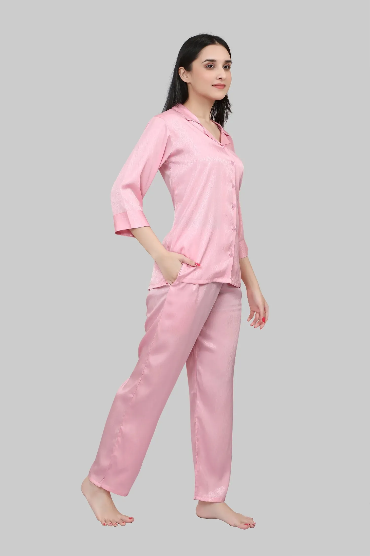 Velure Glossy Pink Satin Night Suit