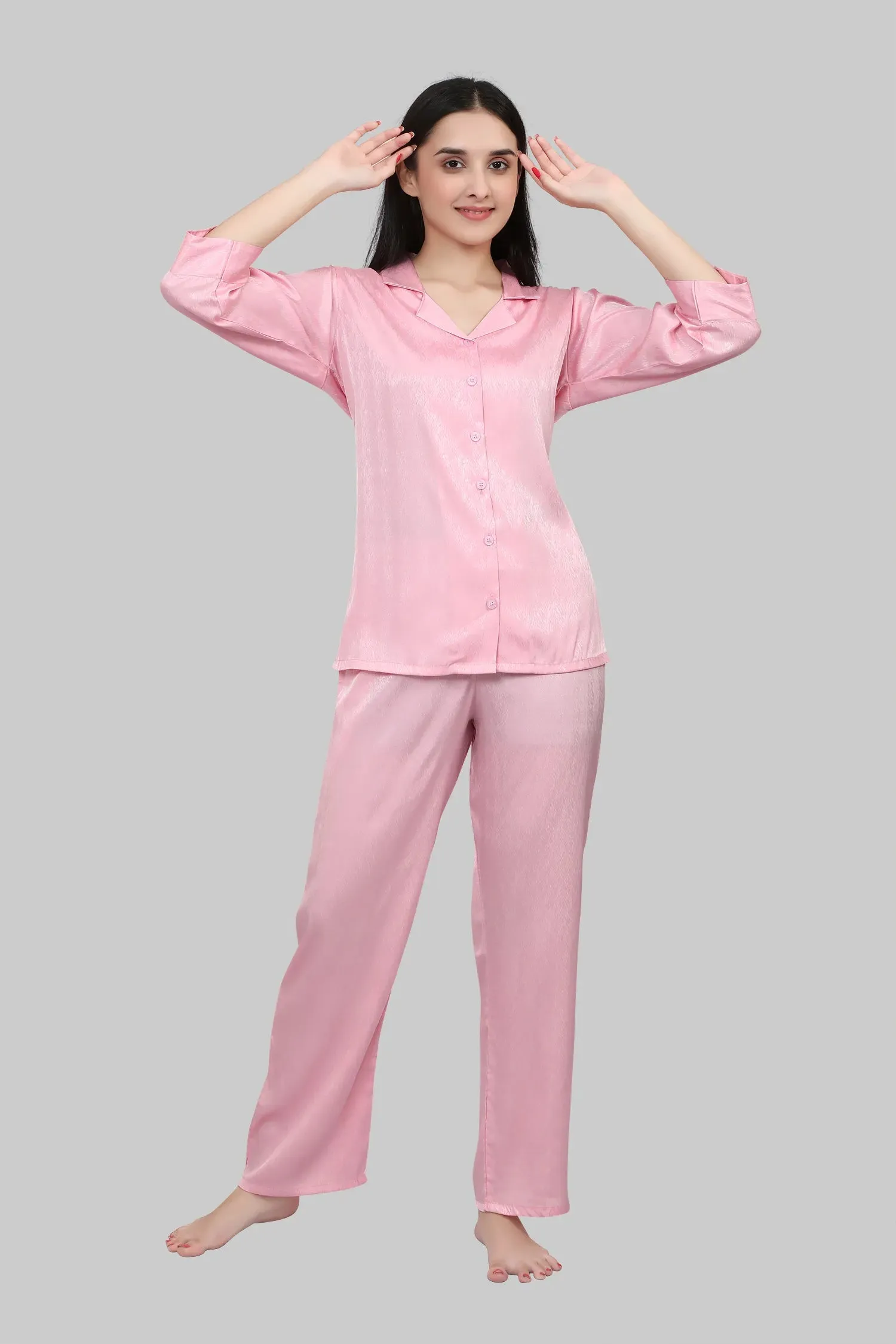 Velure Glossy Pink Satin Night Suit