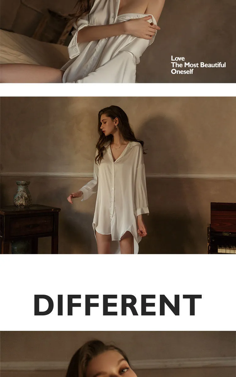 VenusFox Maison Gabrielle 2021 New Silk Sexy Boyfriend Shirt Dress Nightdress Nightgown Sleepdress Nightwear Plus Size Lingere Women