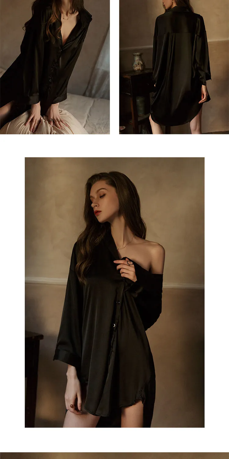 VenusFox Maison Gabrielle 2021 New Silk Sexy Boyfriend Shirt Dress Nightdress Nightgown Sleepdress Nightwear Plus Size Lingere Women