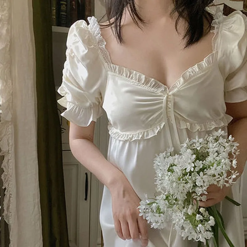 VenusFox Princess Style Nightdress Sleepwear Women Summer Silk Vintage Nightgown Girls Sexy Sweet V-Neck Sleep Dress Cute Lace Home Wear