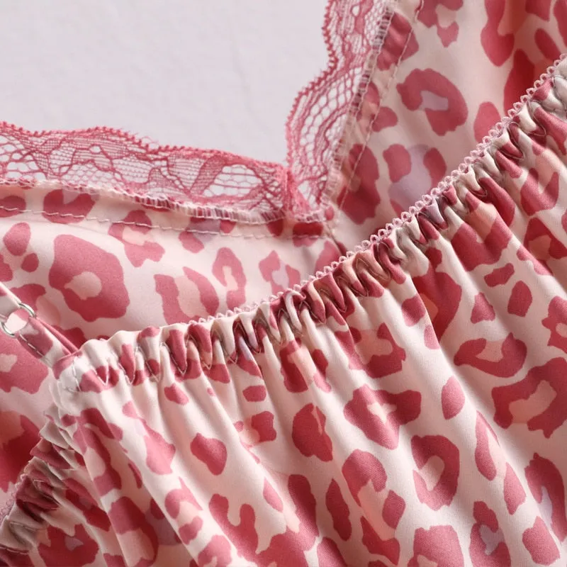 VenusFox Sexy Ice Silk Lingerie Lazy Little Pink Leopard Women's Sleepwear Sling Night Dress Animal Pattern Female's Home Clothes New