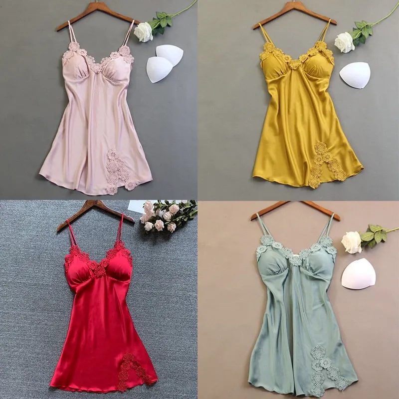 VenusFox Women Nightgowns Sexy Nightwear Lace Patchwork Camisola Lingerie Nighty Wedding Silk Dress Sleep Wear Nightdress Clothes